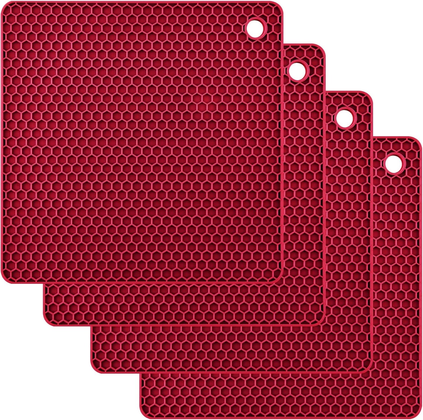 Silicone Trivets Mats, Silicone Hot Pads for Pot Holder, Square Trivets for Hot Dishes, Pots and Pans, Multi Purpose Hot Pads for Kitchen Counter, Non Slip Heat Resistant Mats Set 4 Melort Red