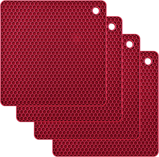 Silicone Trivets Mats, Silicone Hot Pads for Pot Holder, Square Trivets for Hot Dishes, Pots and Pans, Multi Purpose Hot Pads for Kitchen Counter, Non Slip Heat Resistant Mats Set 4 Melort Red