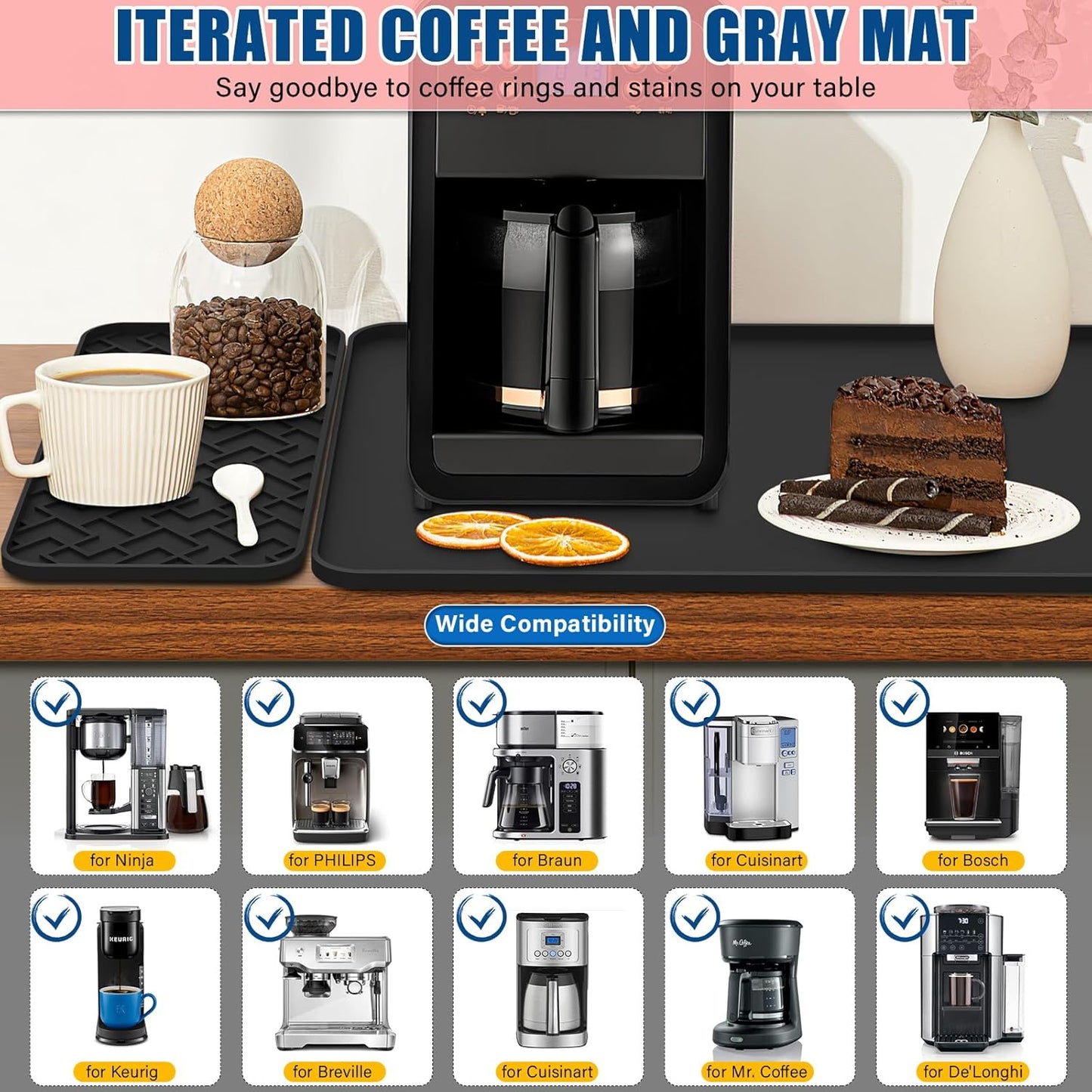 Silicone Coffee Mat - Removable Bar Mat with Concave and Convex Design, Leak-Proof and Non-Slip, Suitable for Use Under the Coffee Machine to Keep the Countertop Clean (Black19"x12")