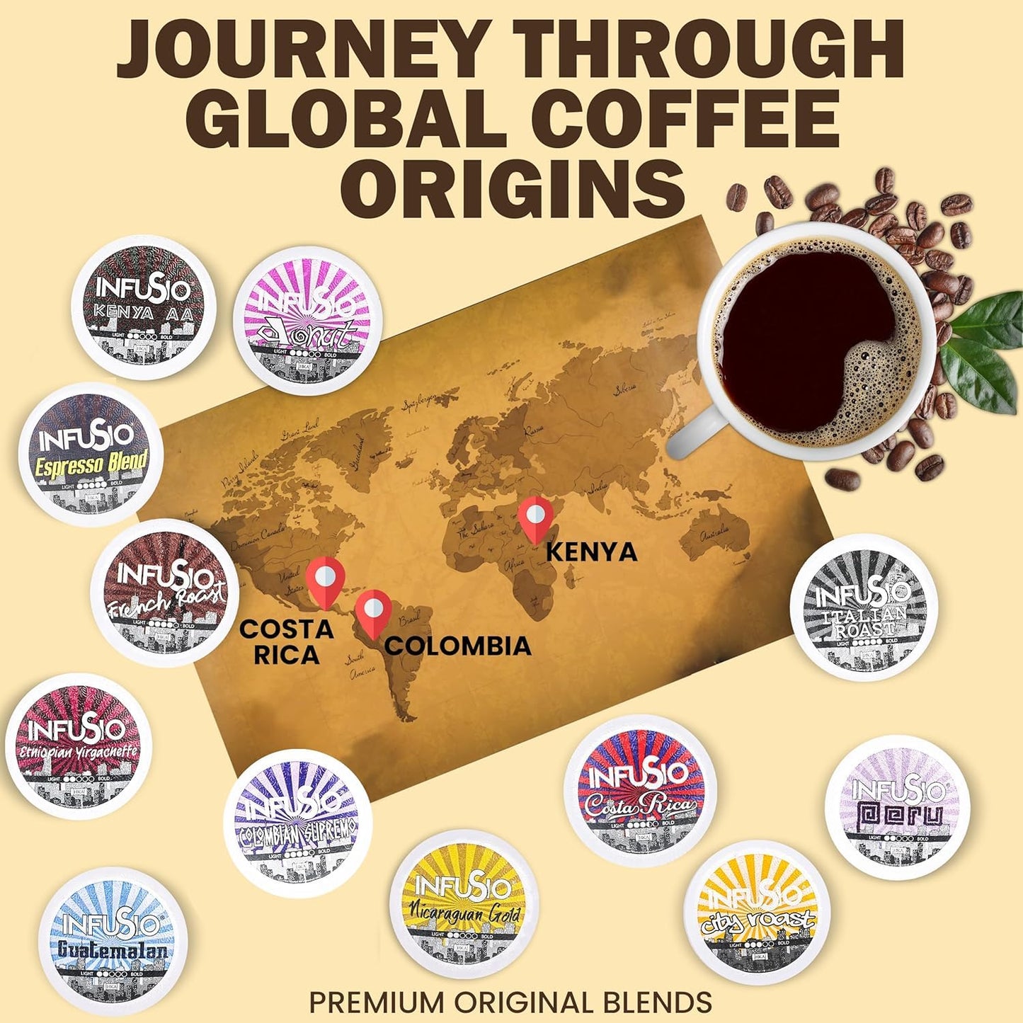 InfuSio Coffee Pods 96 Count Kenya AA Medium Dark Roast Single serve Coffee pods for Keurig K Cup® Brewers - InfuSio Premium Roasted Keurig 2.0 Compatible