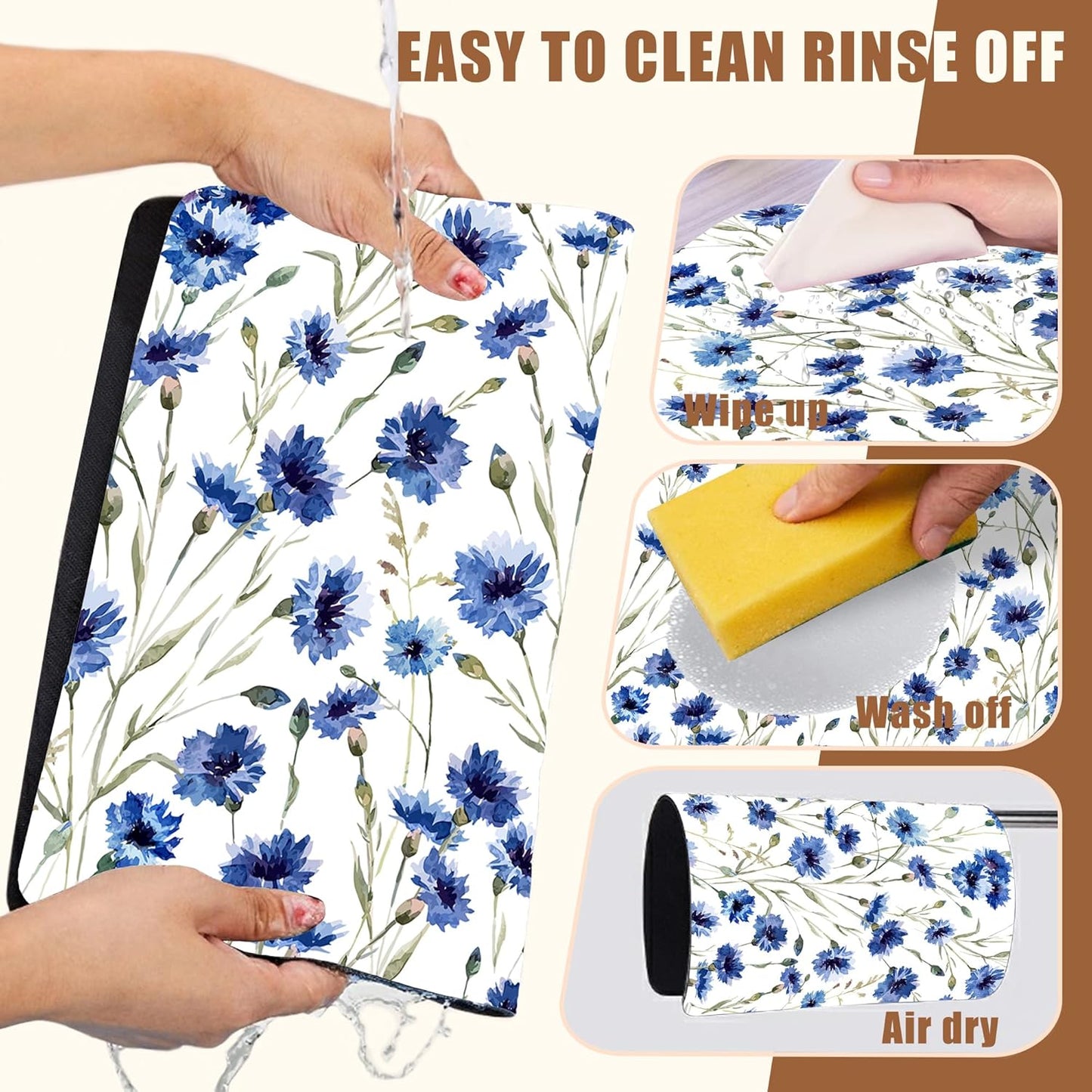 Watercolor Blue Cornflower Dish Drying Mat for Kitchen Counter Floral Coffee Bar Mat Hide Stain Absorbent Rubber Backed Drying Rack Pad Espresso Machine Coffee Bar Accessories 15.7 x 23.6 Inch