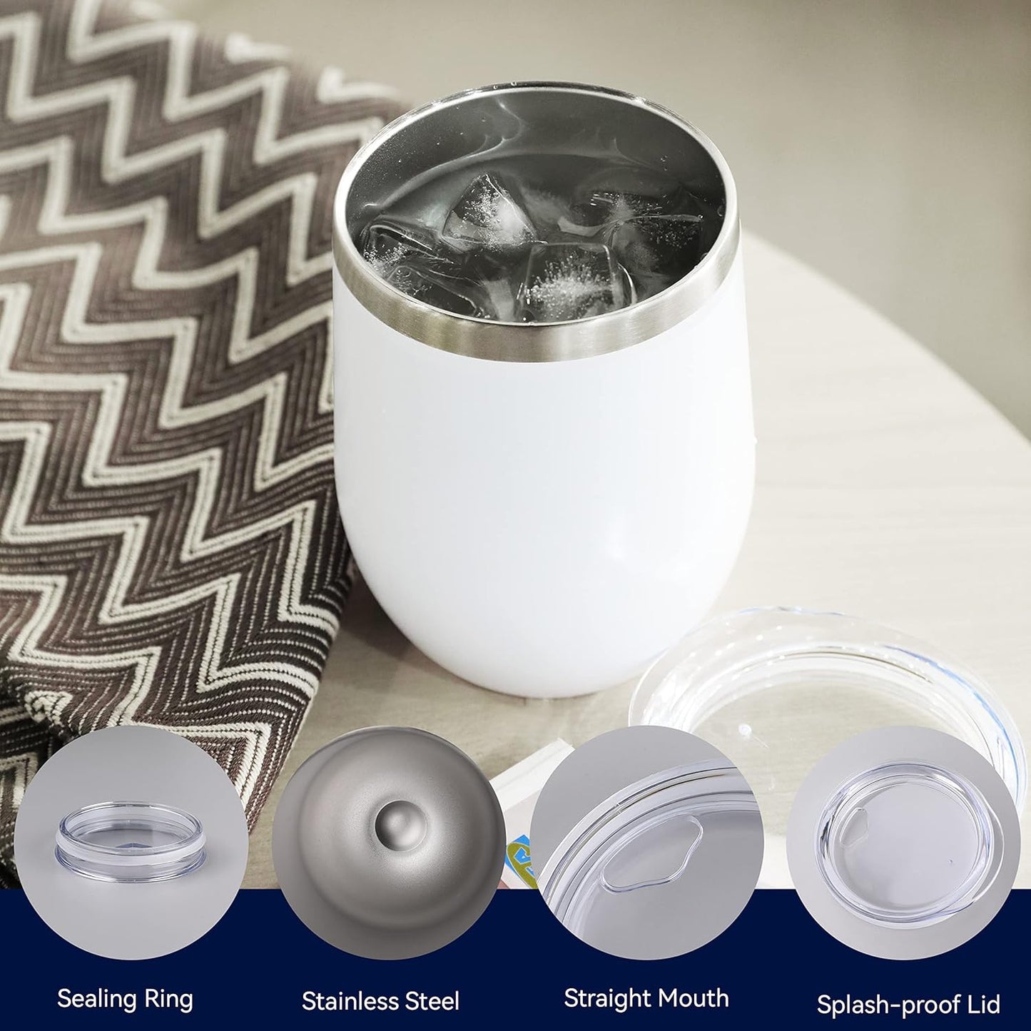 DOMICARE Stainless Steel Wine Tumbler Bulk with Lid, Personalized White Insulated Tumblers Set, 12oz Travel Coffee Cups Pack of 12