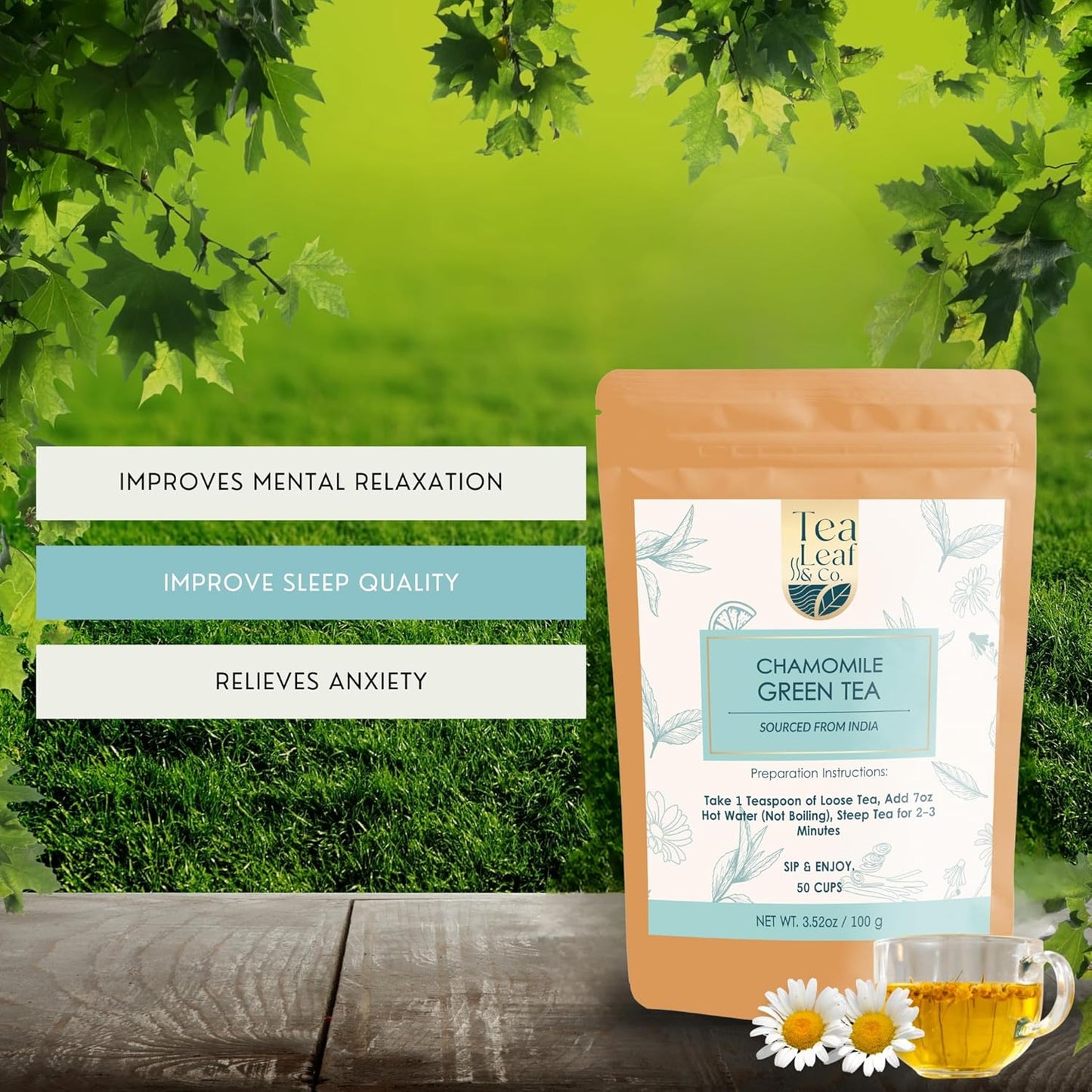 Tealeaf & Co. Chamomile Green Tea Loose Leaf with Lemon Extract and Lemongrass - Chamomile Tea - Contains Low Caffeine - Upto 50 Servings - Gluten Free (3.52oz/100gm)