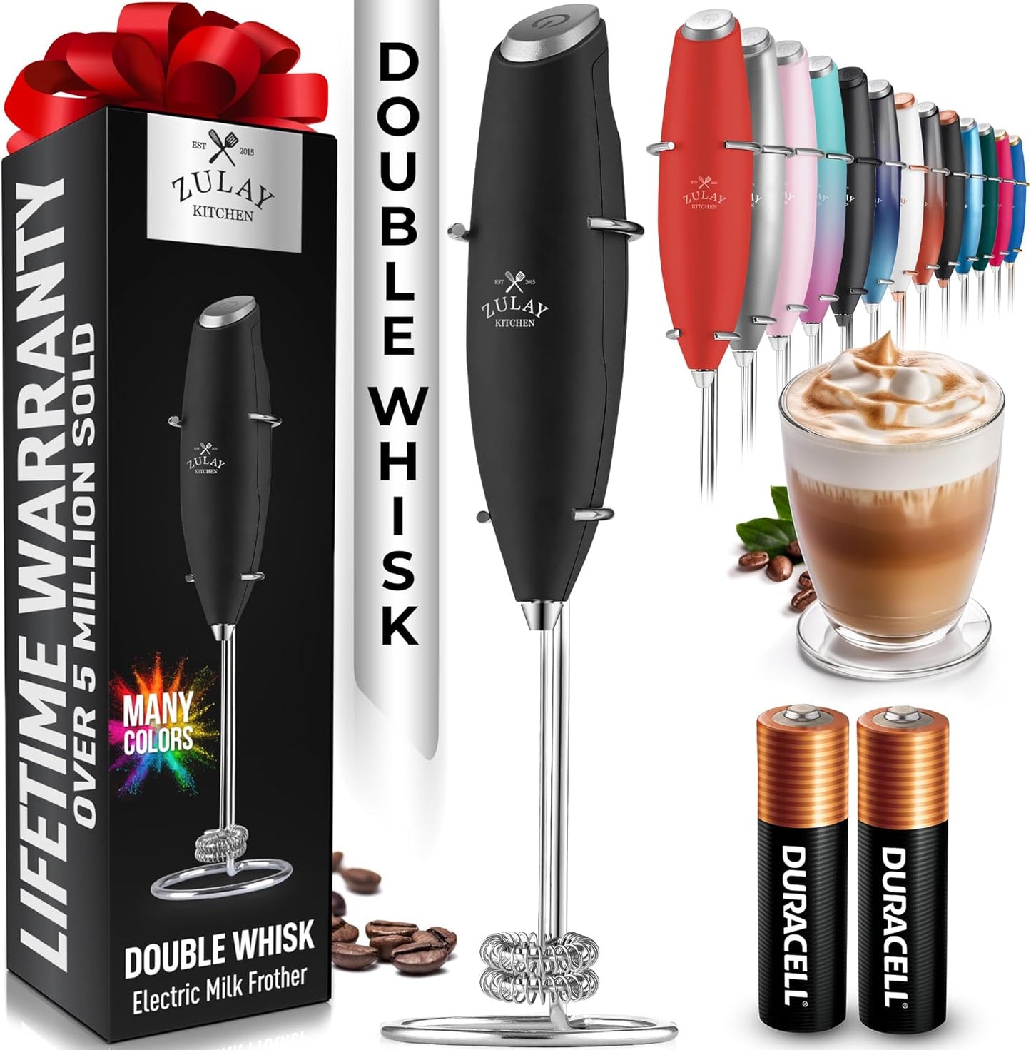 Zulay Kitchen Double Whisk Milk Frother with 2 Duracell Batteries - Powerful Handheld Foam Maker for Coffee, Lattes, Matcha, Hot Chocolate & Cappuccinos - Whip Creamy Froth in Seconds