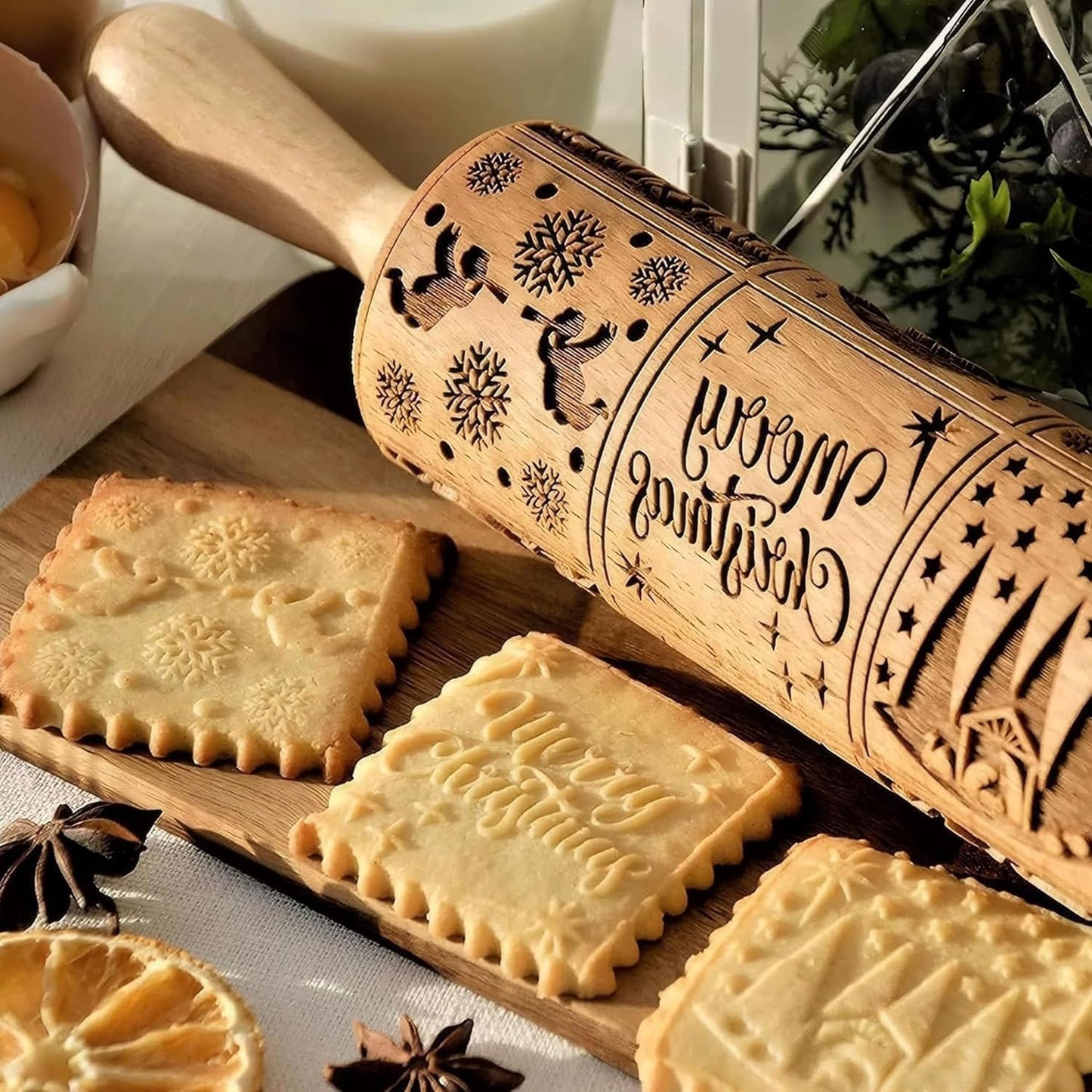 17" Premium Wood Rolling Pin with Nativity Embossed Designs | 3mm Deep Springerle Cookie Molds | Christmas Rolling Pin & Baking Gifts for Women | Includes 3-in-1 Cleaning Brush ﻿
