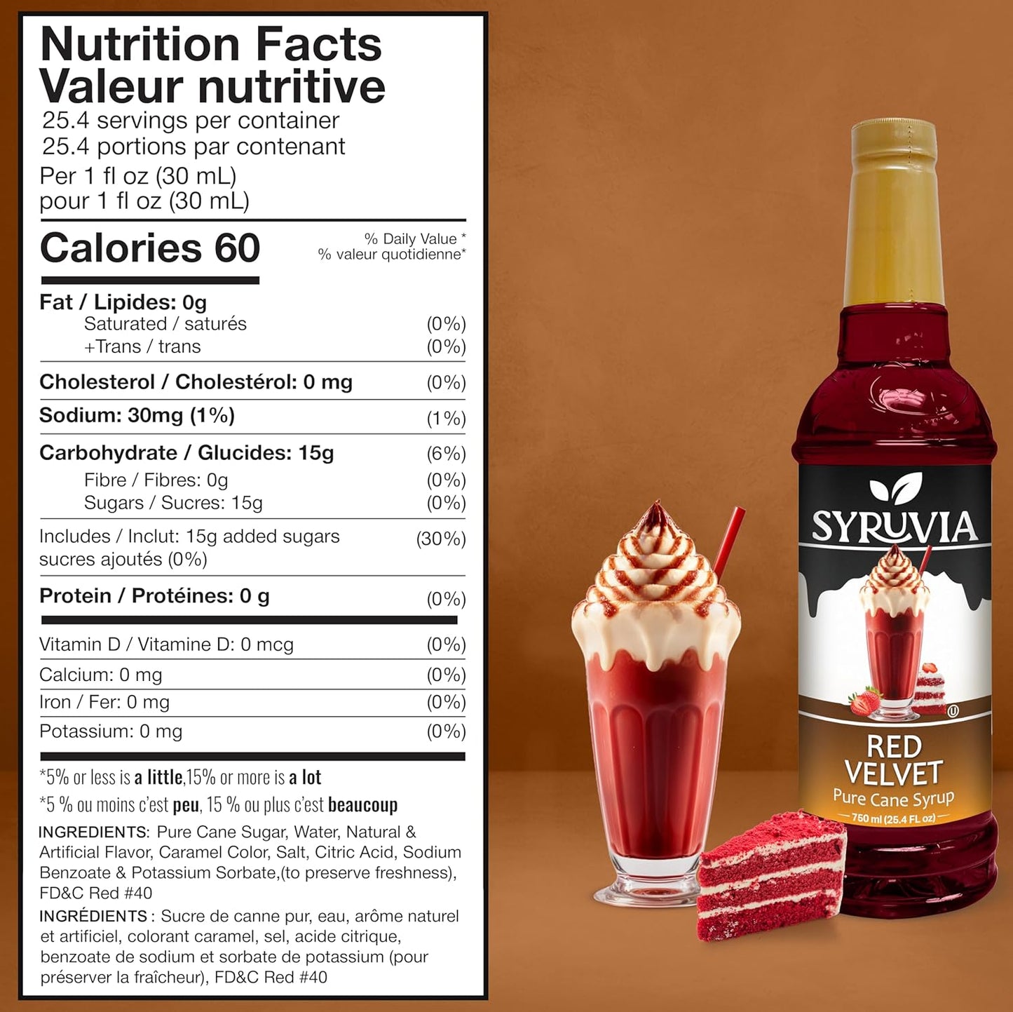 Syruvia Red Velvet Coffee Syrup - 25.4 fl oz - Kosher Coffee Syrups, Gluten Free, No Coloring, Perfect for Drinks, Soda, Shakes, Desserts, and More.