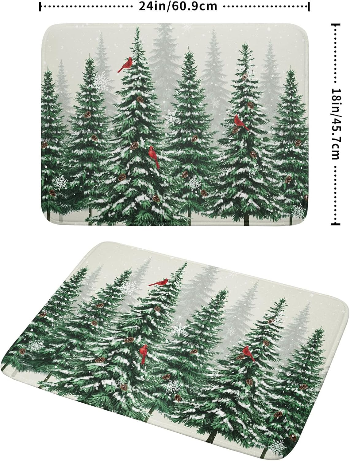 Winter Green Pine Tree Dish Drying Mat for Kitchen Counter,Red Bird Snowflake Drying Mat 18 x 24 Inch with High Absorbent Microfiber Drainer Mat for Coffee Bar