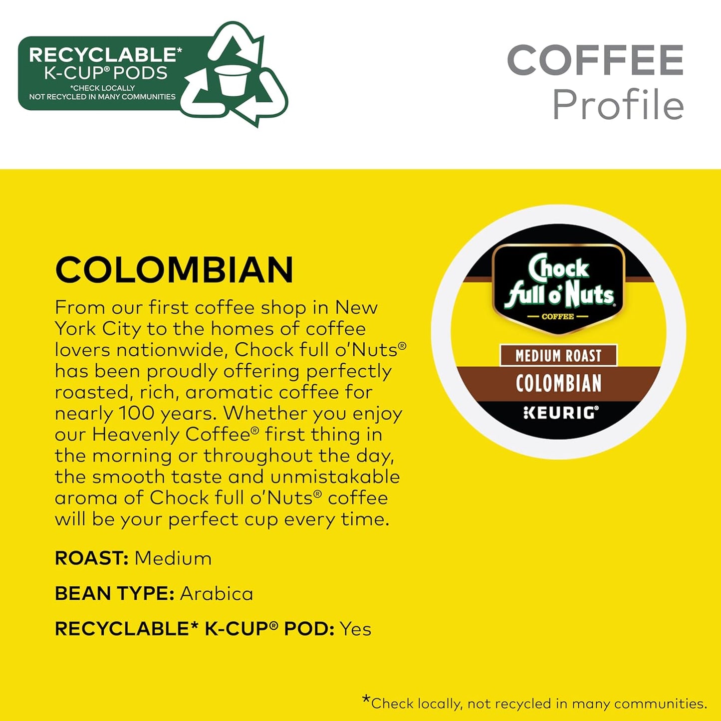 Chock full o’Nuts Colombian Keurig K-Cup Pods for Keurig Brewers – Premium Arabica, Medium Roast – Single Serve – 4 Packs of 24 K-Cup Pods