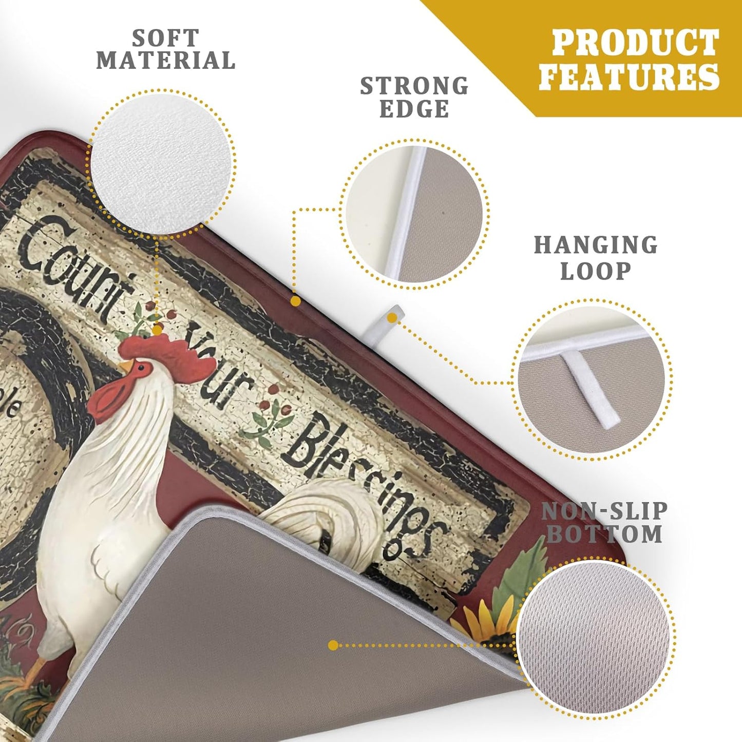 Giwawa Vintage Rooster Dish Drying Mat for Countertop, 18"x24" Farmhouse Chicken Dish Drainer Mats, Rustic Country Style Fast Drying Microfiber Dish Drying Pad Kitchen Accessories Decor Large