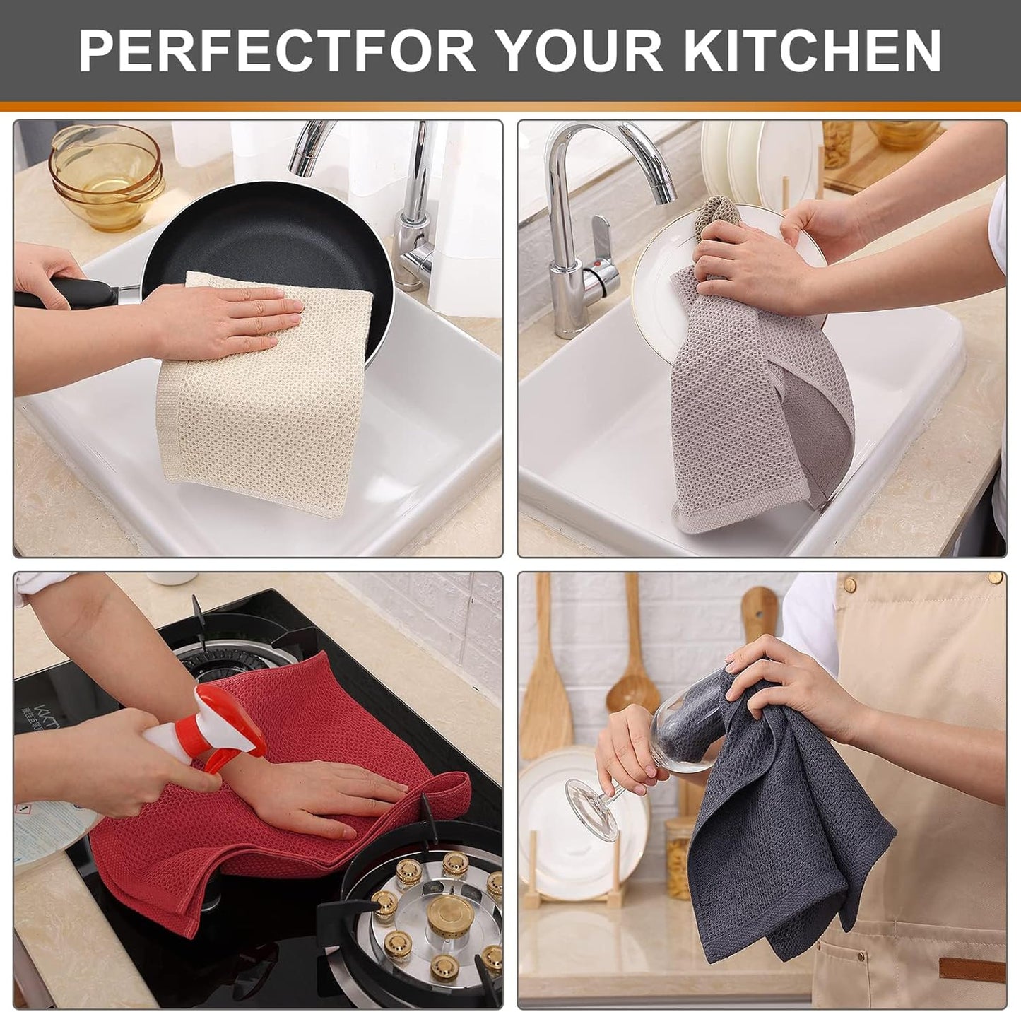 Kitinjoy 100% Cotton Waffle Weave Kitchen Towels, 4-Pack Super Soft and Absorbent Dish Towels for Drying Dishes, Kitchen Hand Towels, 13 in x 28 in, Multicolor