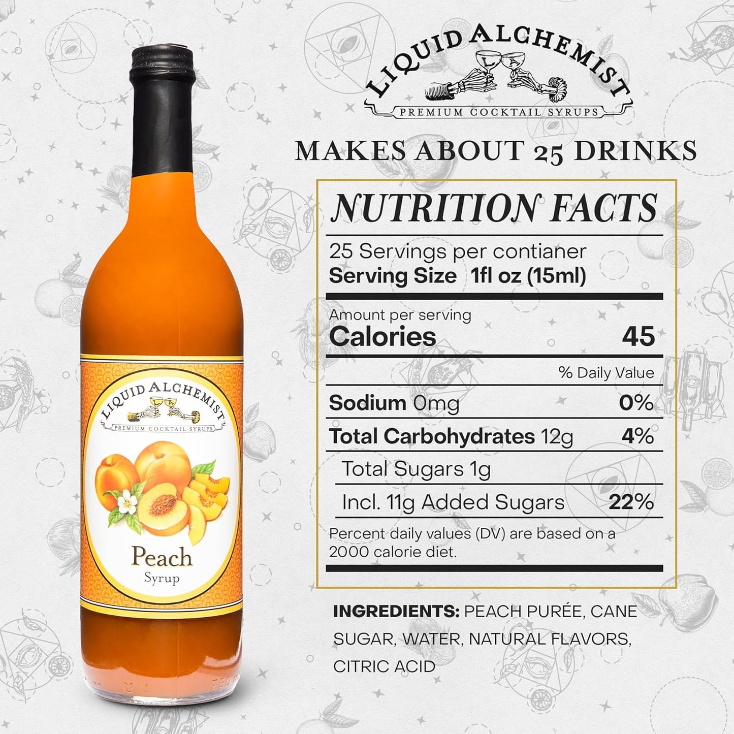 Liquid Alchemist Peach Syrup for Drinks - Real Ingredients Make the Perfect Summer Cocktail or Margarita Mix - Our Peach Flavoring Syrup is Non-GMO & Vegan (25 oz)