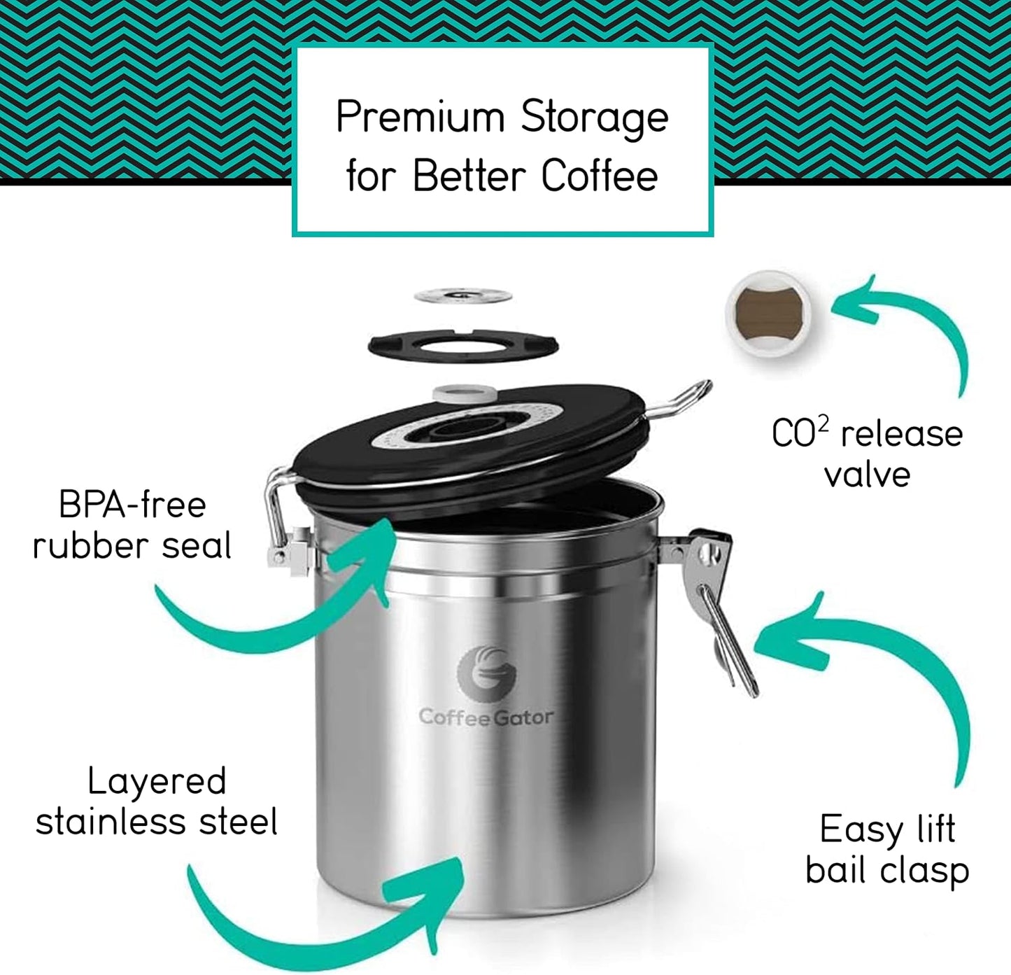 Coffee Gator Coffee Canister, 11oz Airtight Stainless Steel Kitchen Food Storage Container with Date-Tracker, CO2-Release Valve and Scoop for Beans, Grounds, Sugar, Cookies Jars, Tea, Cereal - Red