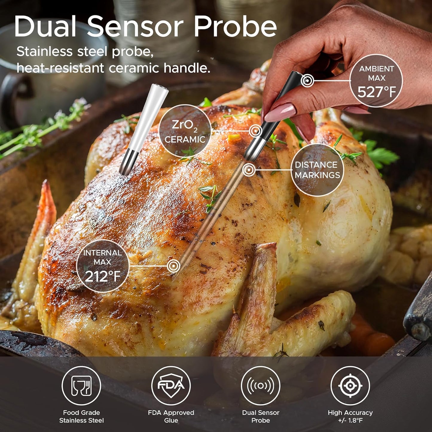 CulinaMeter Two: 2 Probes Wireless Meat Thermometer with LCD Screen, 700FT Digital Cooking Food Thermometer for Beef Lamb Turkey, Dual Sensor Measures Internal & Ambient Temp