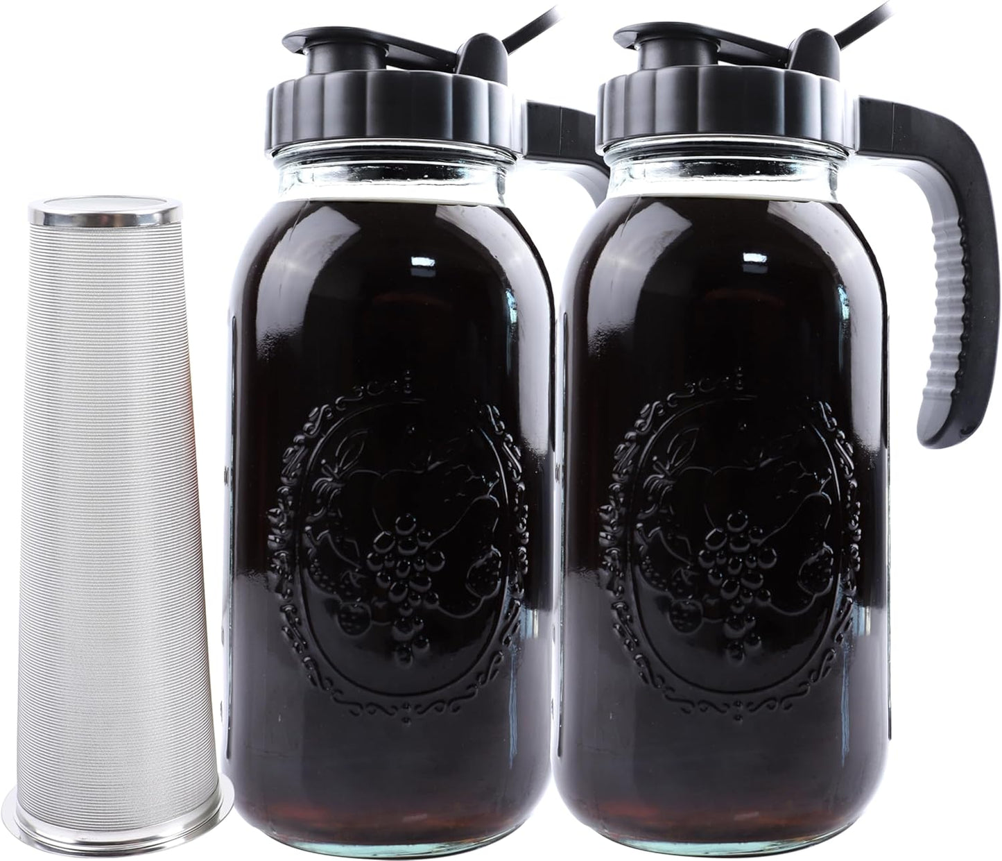 Cold Brew Coffee Maker Half Gallon 2 Set Glass Mason Jar Pitcher With Spout Lid Filter 2 Quart Wide Mouth Iced Tea Brewing Jug Heavy Duty Handle Airtight & Leak-Proof Pitcher For Fridge Sun Tea 64 OZ