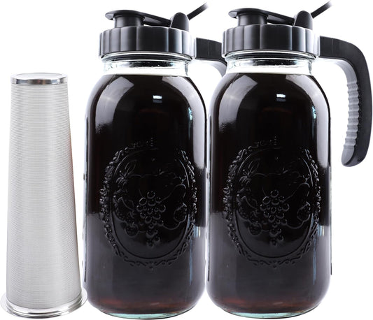 Cold Brew Coffee Maker Half Gallon 2 Set Glass Mason Jar Pitcher With Spout Lid Filter 2 Quart Wide Mouth Iced Tea Brewing Jug Heavy Duty Handle Airtight & Leak-Proof Pitcher For Fridge Sun Tea 64 OZ