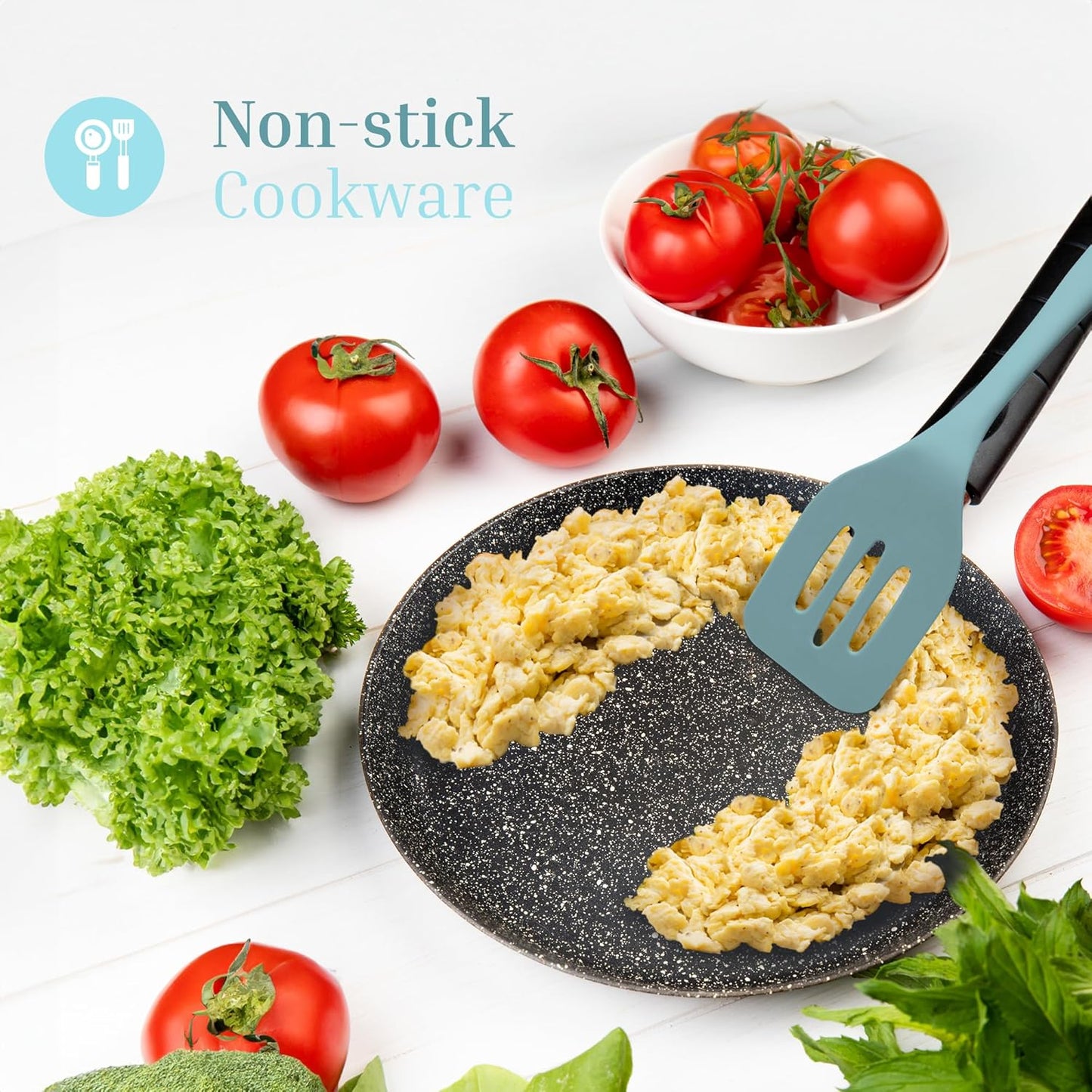 Silicone Utensils 4-Piece Set – Rubber Spatula, Pastry Brush, Slotted Turner, and Rice Paddle – Complete Heat-Resistant Set for Non-Stick Cookware – Kitchen Tools for Cooking and Baking – Pastel Blue