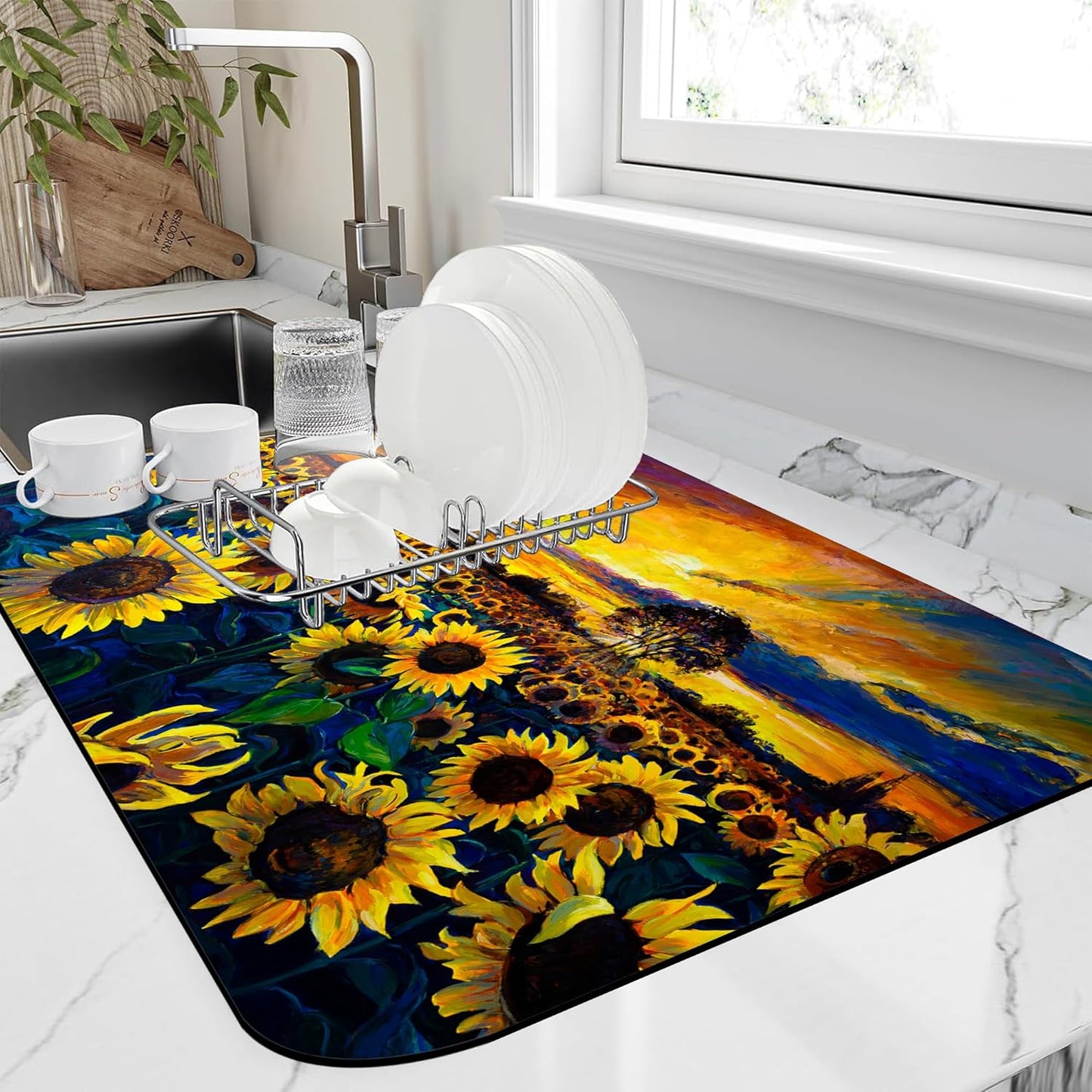 Sunflower Field Dish Drying Mat,16"X24" Absorbent Fast Dish Drying Mat for Kitchen Counter Pot and Pan, Kitchen Accessories