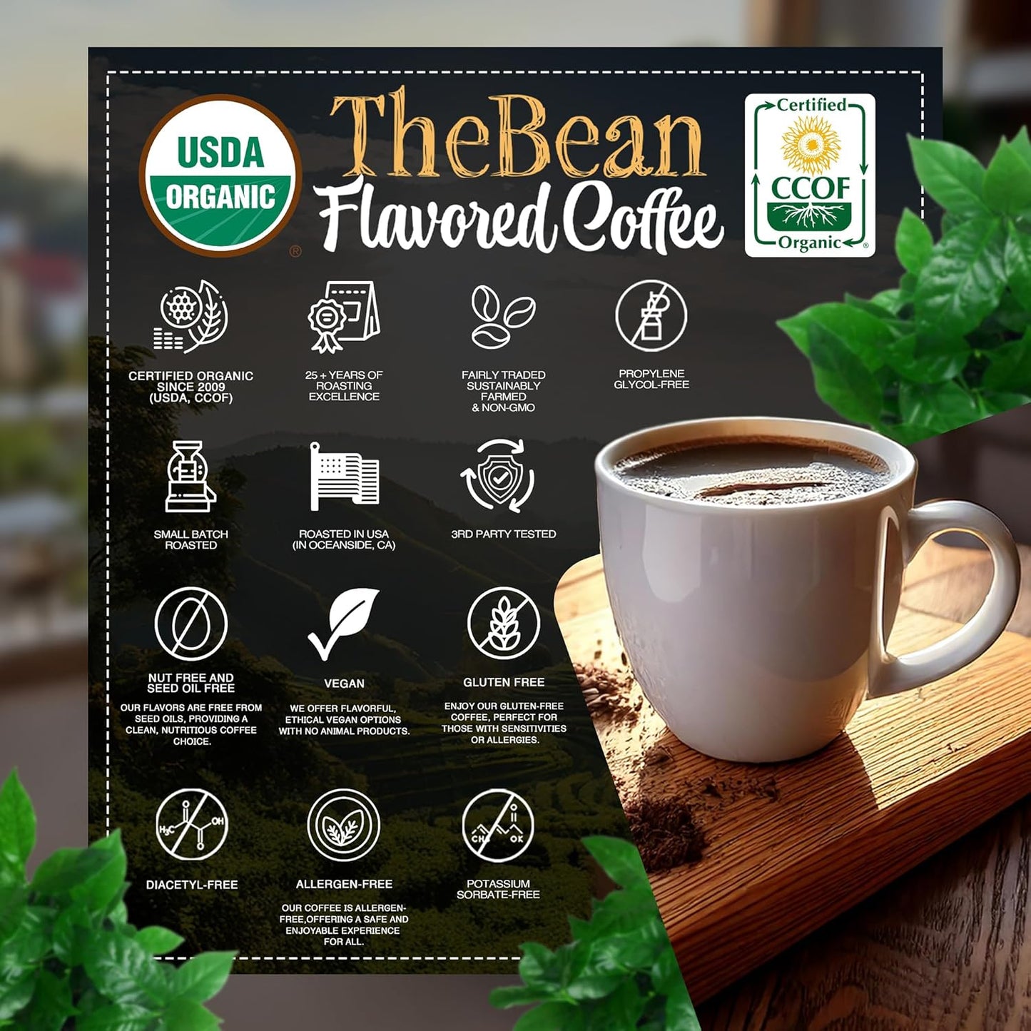 The Bean Organic Coffee Company Chocolate Macadamia Nut, Medium Roast, Ground Coffee, 5-Pound Bag, Café molido tostado orgánico