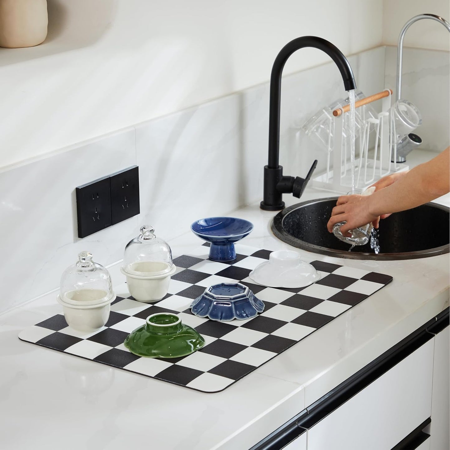 Checkered Dish Drying Mat for Kitchen Counter, Coffee Bar Station Accessories, Retro Cute Aesthetic Modern Absorbent Drainer Mat Kitchen Drying Mat Easy Clean, Black 12" x 19"