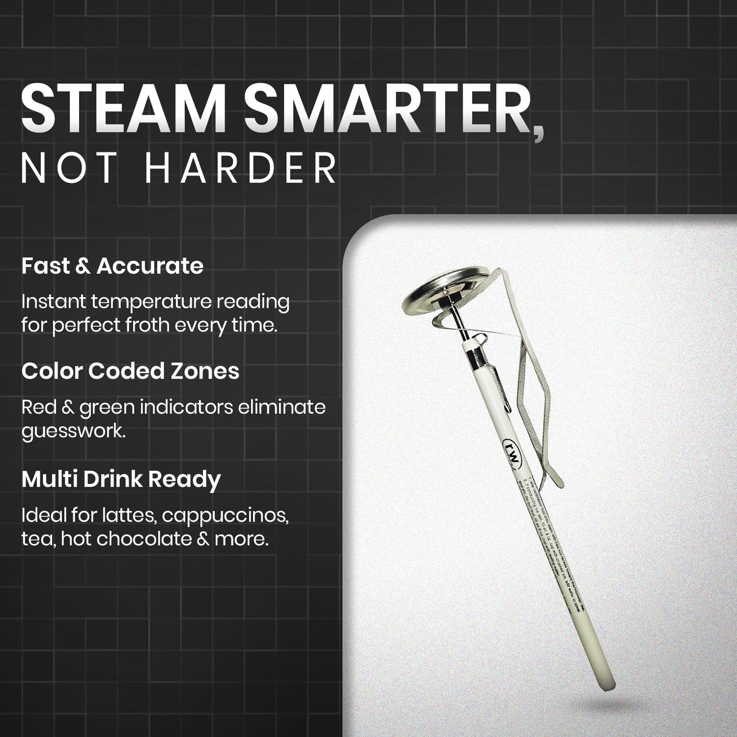 Rattleware 7” Easy Steam Thermometer for Home, Cafe, Restaurants, Residential, or Commercial Use - Milk Frothing and Barista Thermometer - Durable Fast Reading (45mm Dial)