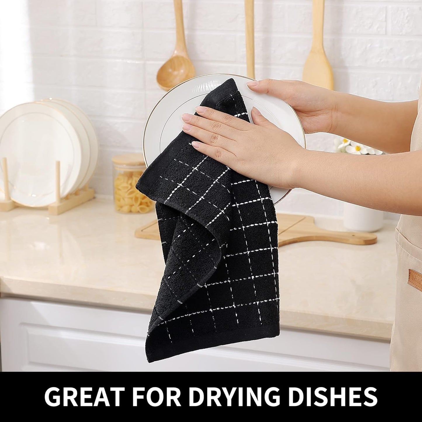 Homaxy 100% Cotton Terry Kitchen Dish Cloths, Ultra Soft and Absorbent Dish Towels for Kitchen, Suitable for Drying and Washing Dishes, 12 Pack, 12 x 12 Inches, Black