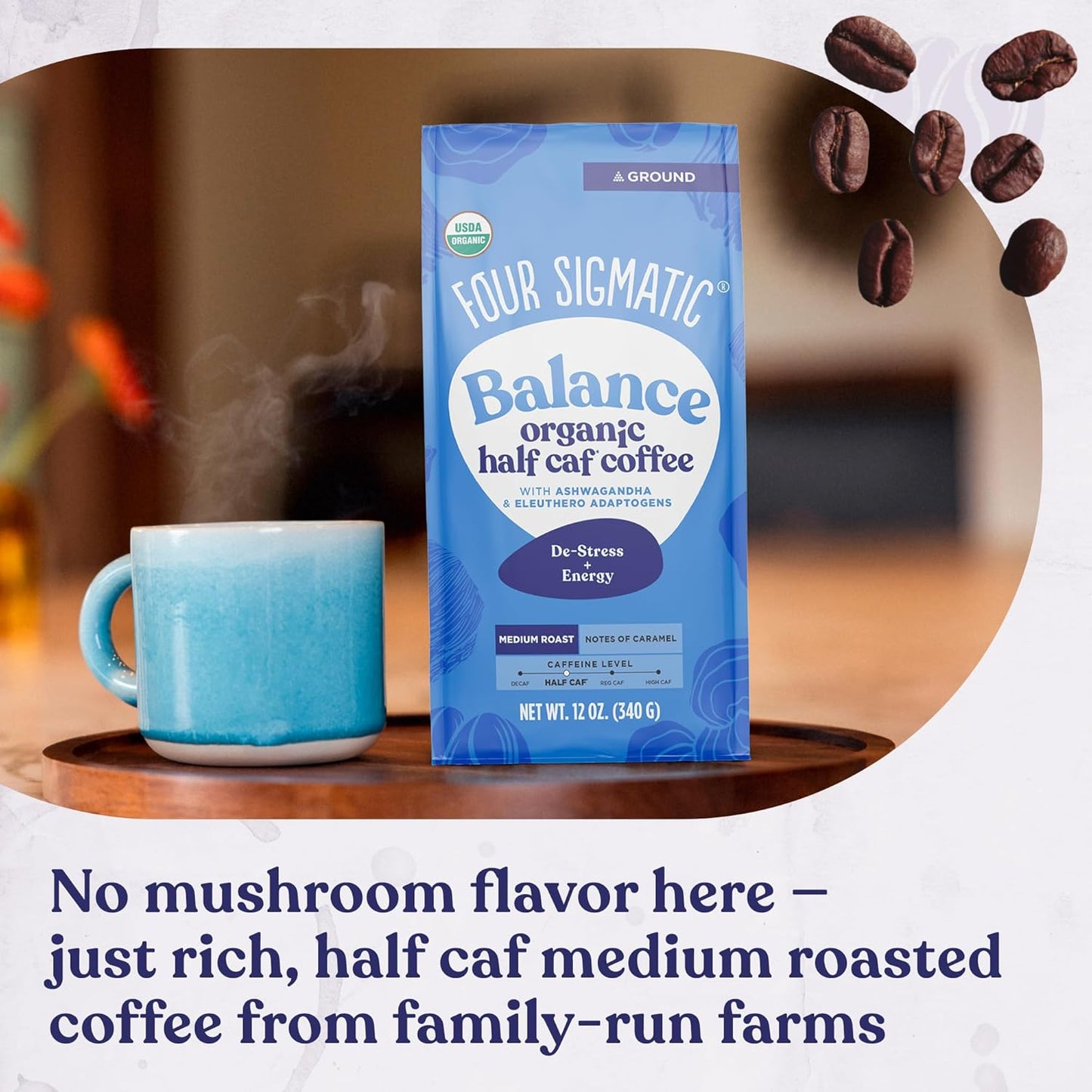 Four Sigmatic Organic Balance Adaptogen Ground Coffee | Medium Roast USDA Organic Coffee with Ashwagandha, Chaga Mushroom, Eleuthero and Tulsi for Focus and Energy Boosting | 12oz Bag