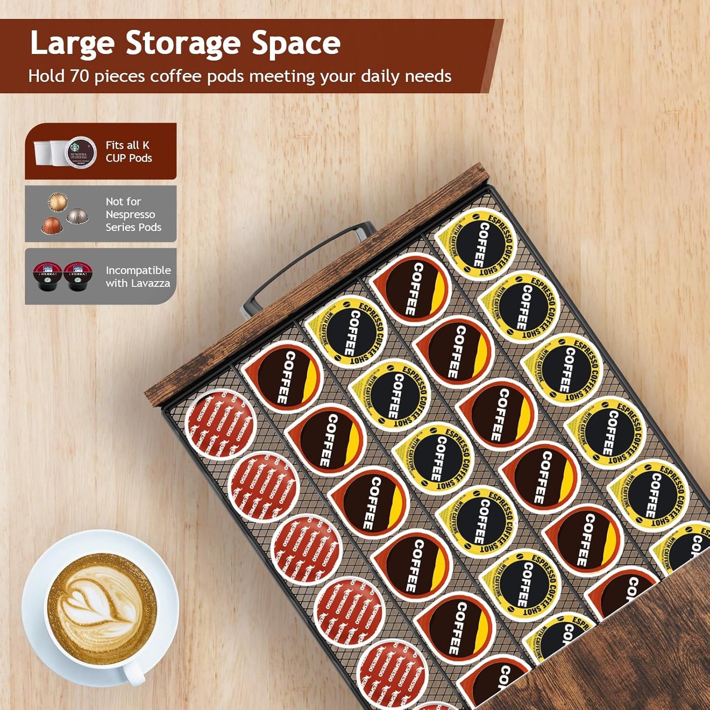 K Cup Holder Drawer - Coffee Pod Organizer for Counter, Sturdy k cups Storage Drawer with Mug Rack, Coffee Maker Stand, 70 Capacity Pods, Home Kitchen Counter Organizer, Rustic Brown