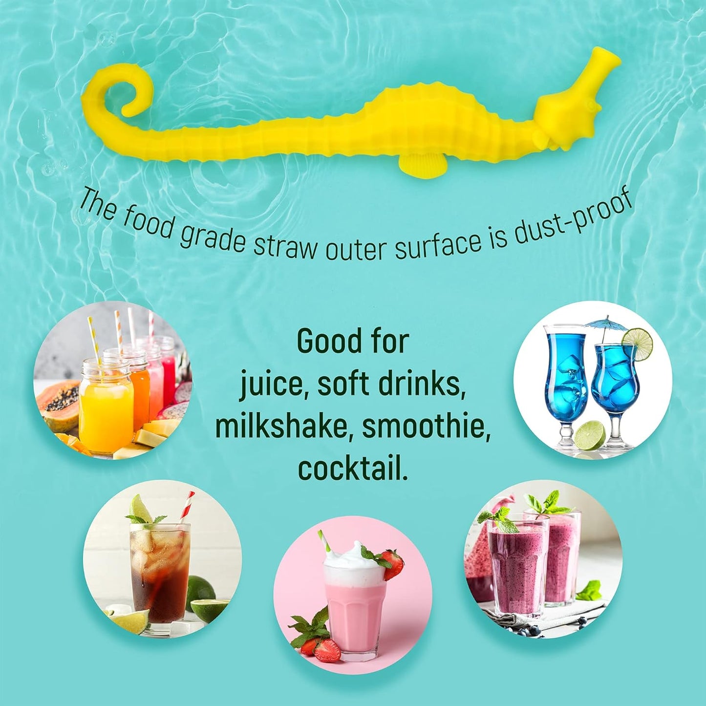 Hoobbe Silicone Reusable Animal Straw for kids, Fun and cute for Pool Side Party, Birthday Party, Under the Sea Party, BPA Free, Dust-Proof and Dishwasher Safe (Seahorse), 1 straw per pack