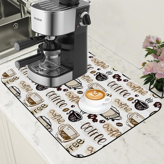 Coffee Cute Doodle Dish Drying Mat for Kitchen Counter Coffee Bar Mat Hide Stain Absorbent Rubber Backed Drying Rack Pad Fit Espresso Machine Table Accessories 11.8 x 19.7 Inch