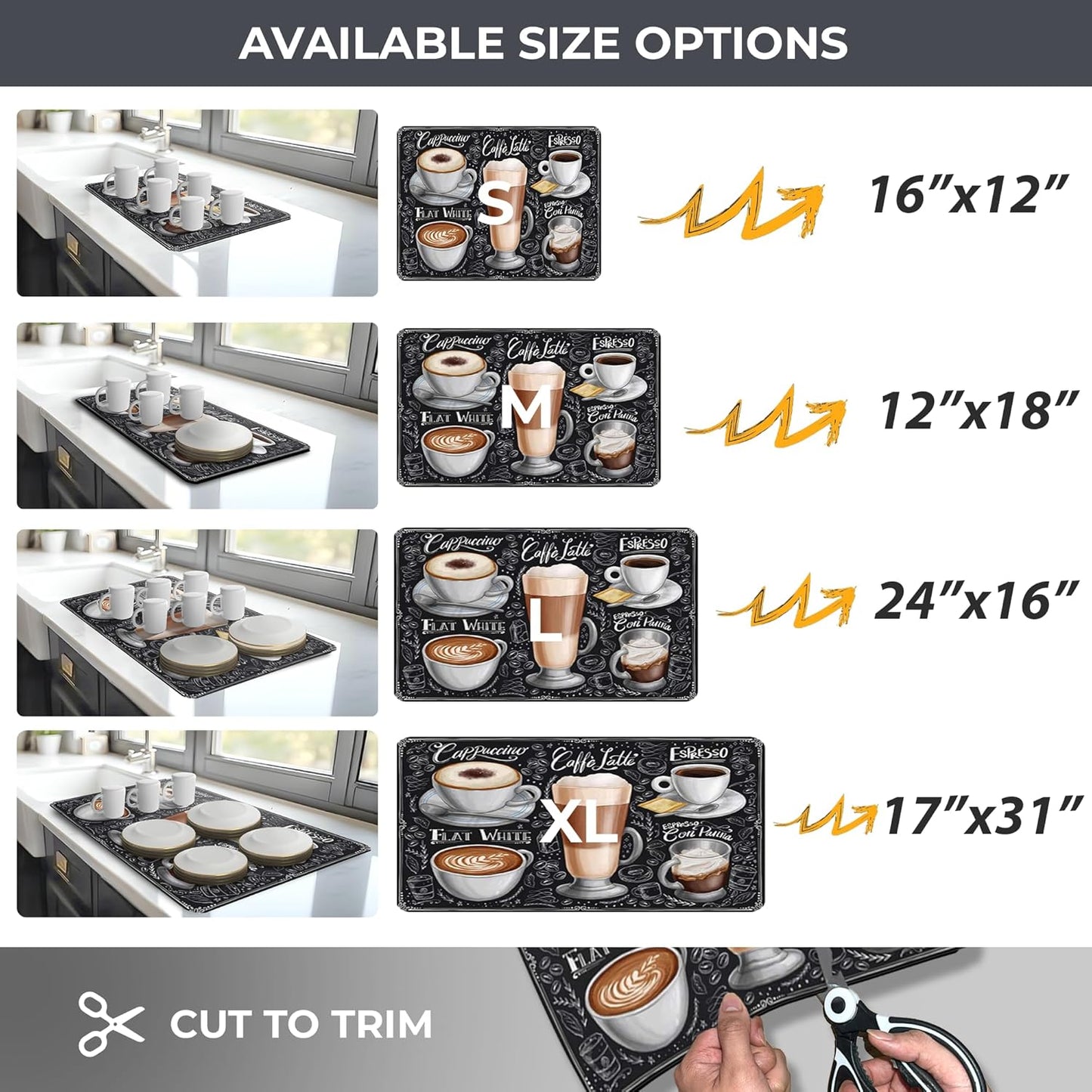 Dish Drying Mat Super Absorbent – 12" x 18" Coffee Mat for Countertops – Non-Slip Drying Mat for Kitchen Counter – Easy to Clean Water Absorbent Mat – Quick Dry Dish Drying Mats (Americano)