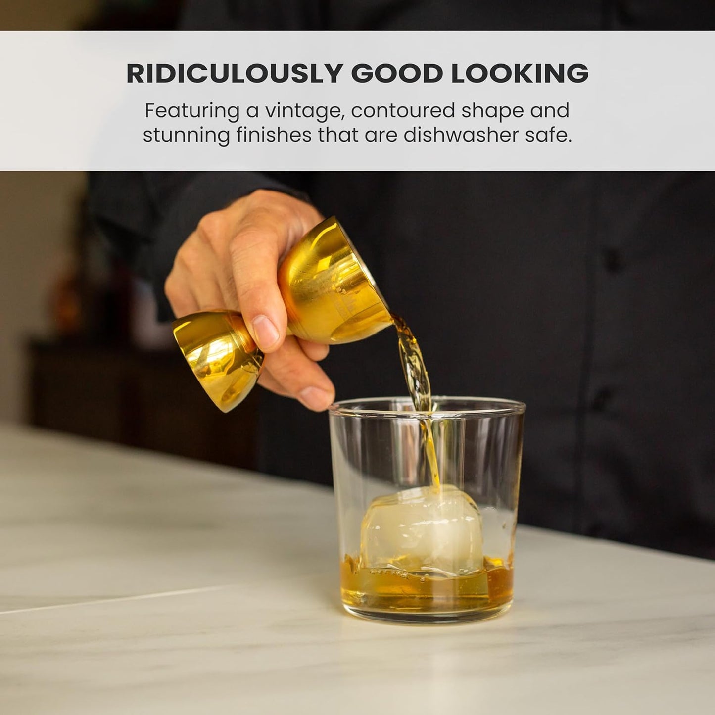 A Bar Above Premium Bell Jigger, 304 Stainless Steel Double Cocktail Jigger with 10 Internal Measurements, Heavy Duty Professional Bar Tool for Bartending, Gold Finish, Ergonomic Design, 1 Pack