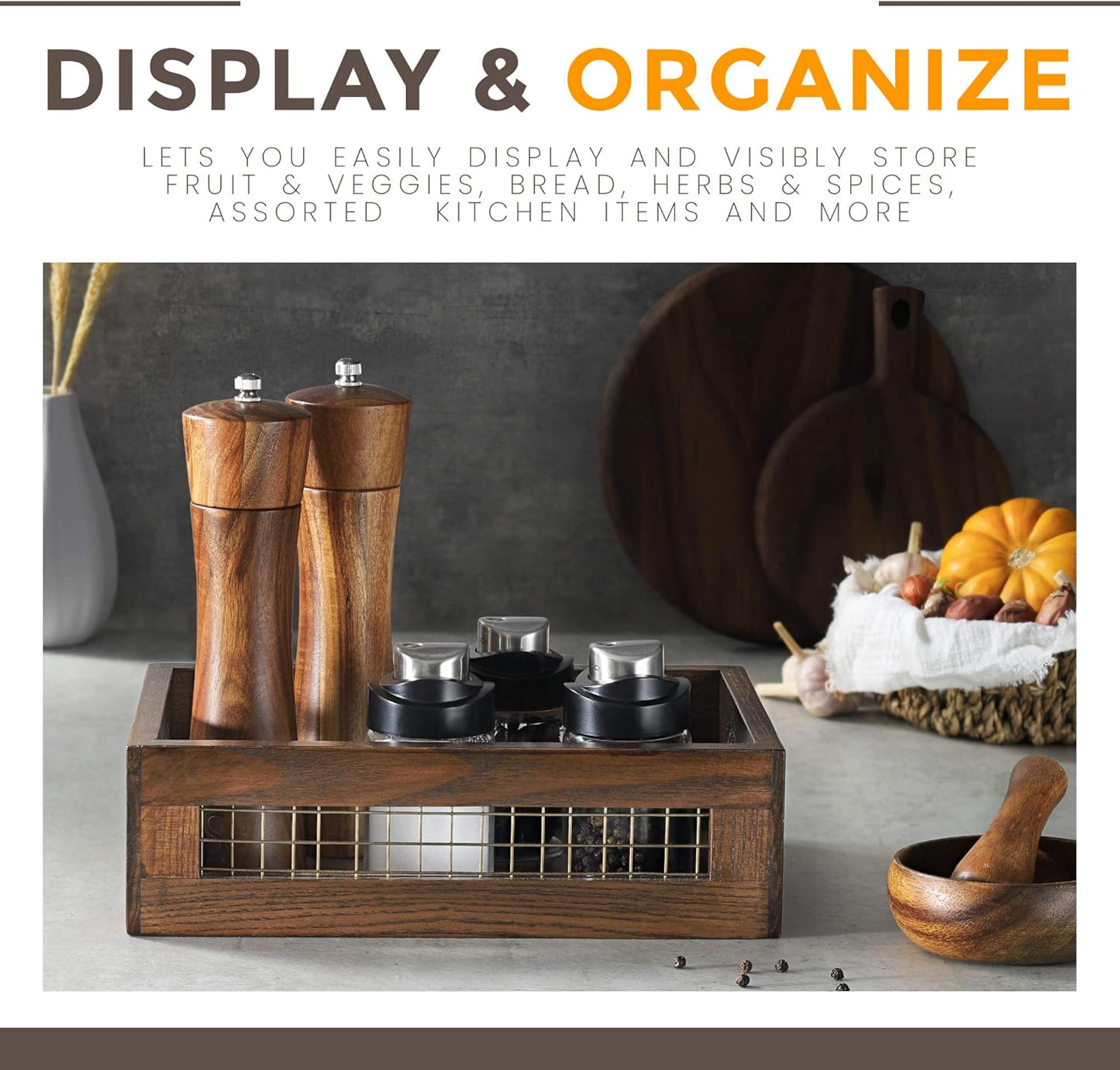 Wooden Countertop Baskets Set of 2 for Kitchen, Bathroom, Pantry|Wall Mount Upgrade with Full Accessories| Rustic Nesting Boxes|Wooden Organizer Crates for Fruit, Vegetables, Produce, Bread