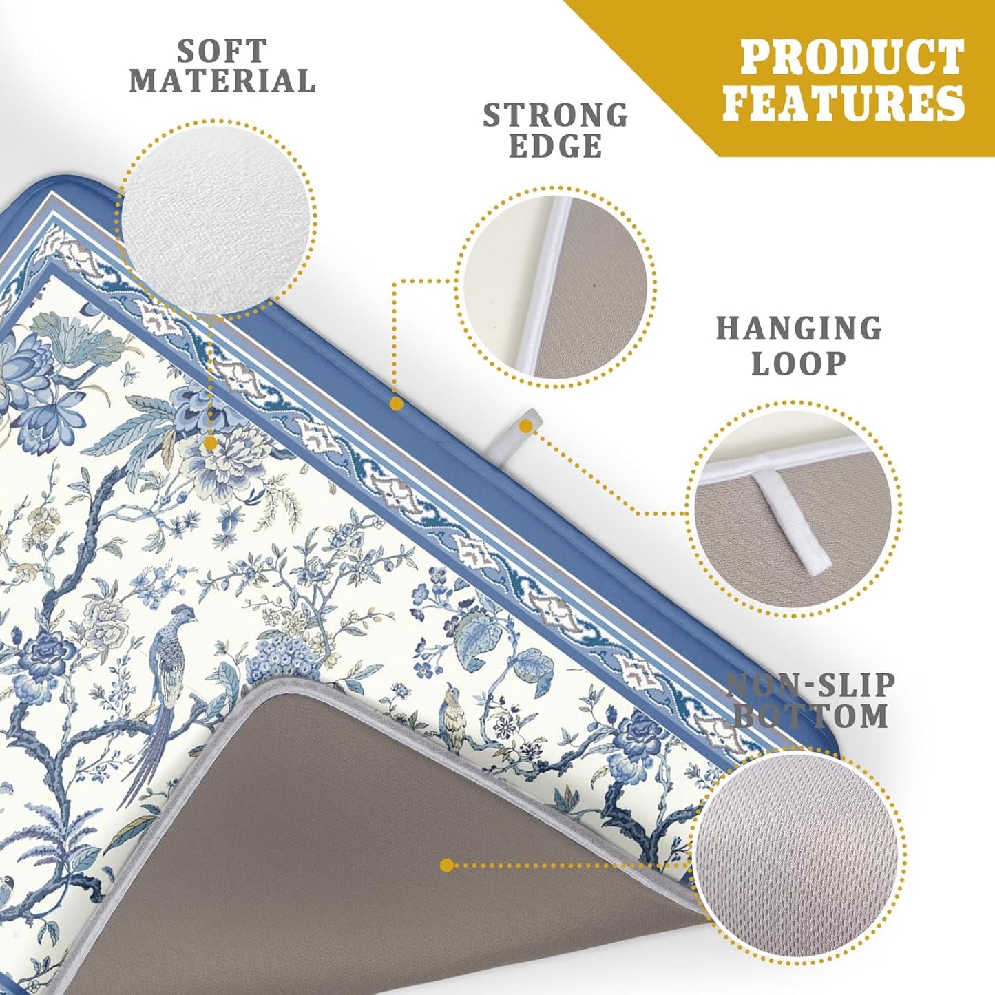 Giwawa Chinoiserie Dish Drying Mat 18x24in Blue White Oriental Floral Birds Kitchen Drainer Mats Porcelain Flowers Absorbent Microfiber Dish Drying Pad Large for Countertop Home Decor