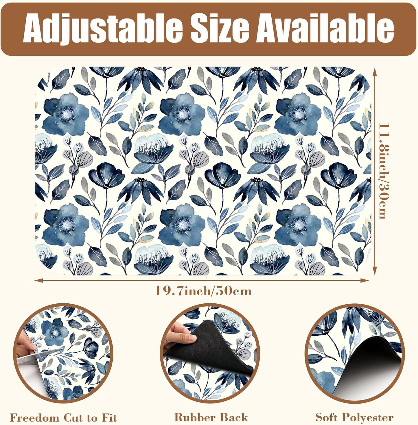 Blue Flowers Dish Drying Mat for Kitchen Counter Coffee Mat Hide Stain Absorbent Dish Drainer Rack Pad with Non-Slip Rubber Backed Espresso Machine Coffee Bar Accessories 11.8 x 19.7 Inch