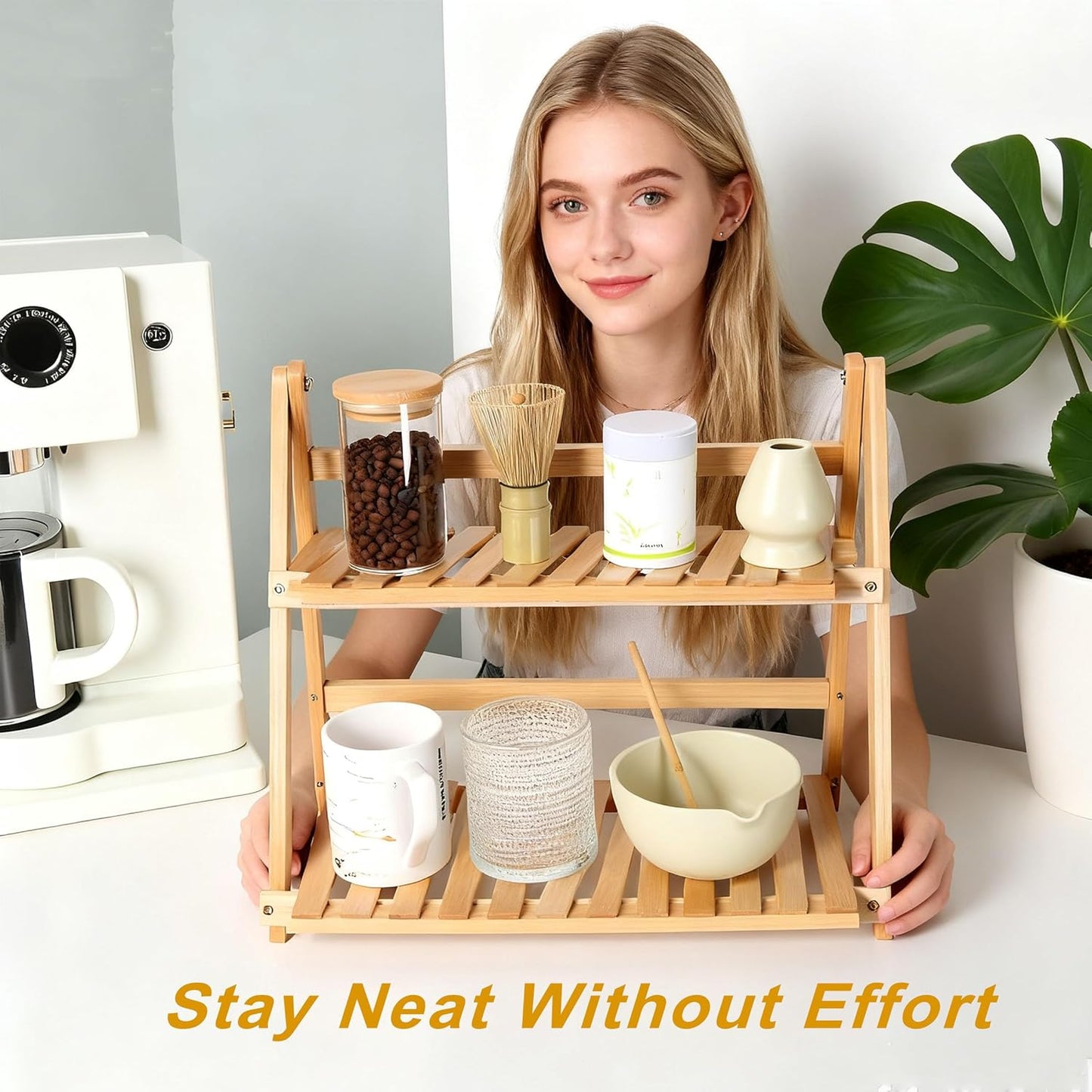 Coffee Station Organizer, Matcha Station, Foldable Bamboo Mug Holder for Countertop, Tea & Coffee Bar Accessories, 2 Tier Shelf for Kitchen Counter Organizer, Matcha Stand, Spice Rack