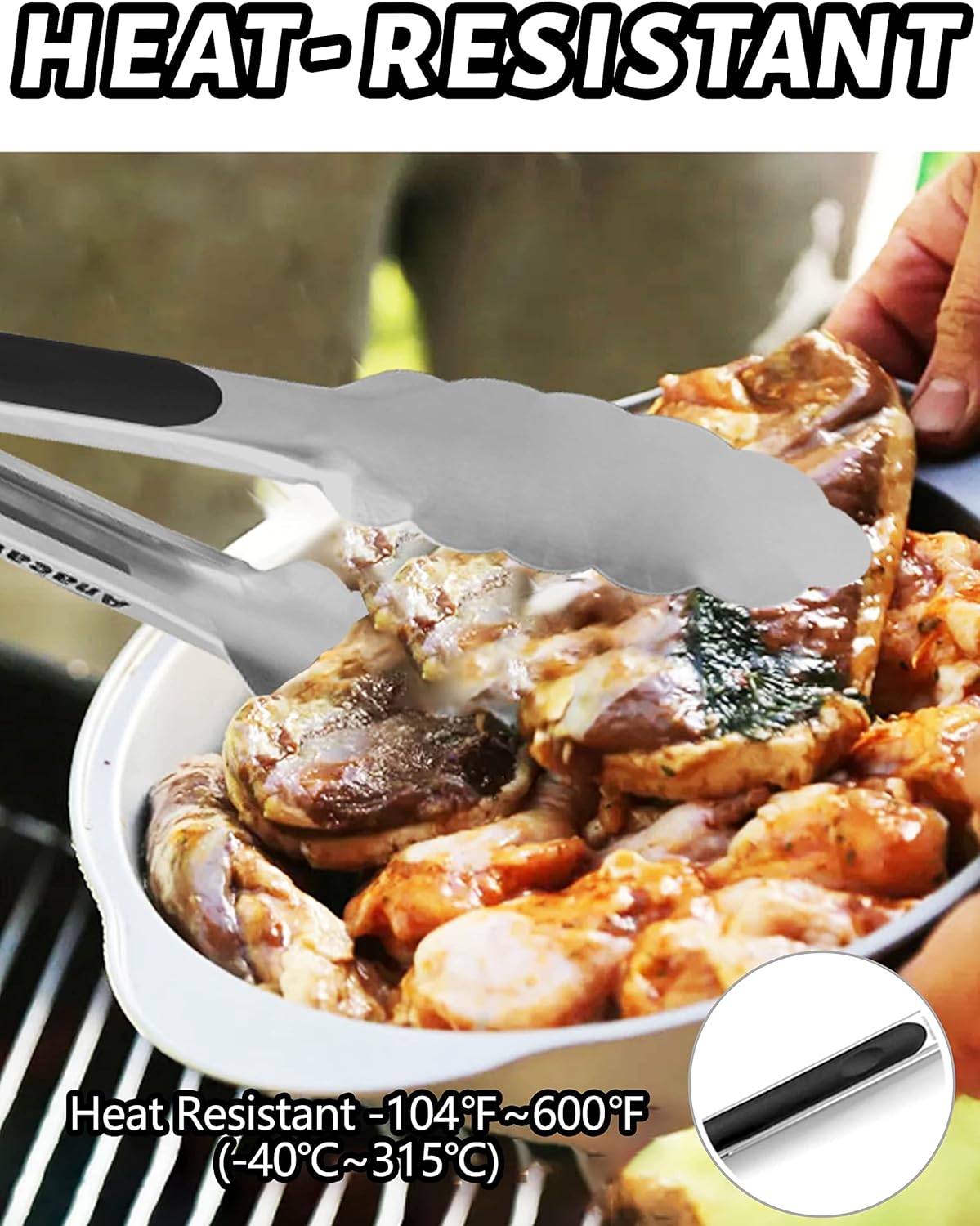 Anaeat 3 Pack 7" Mini Stainless Steel Cooking Tongs - Sturdy Coiled Spring Locking Kitchen Food Tong with Non-Slip Silicone Grip for Serving, Cooking, Baking - Heat Resistant up to 480°F (Black)