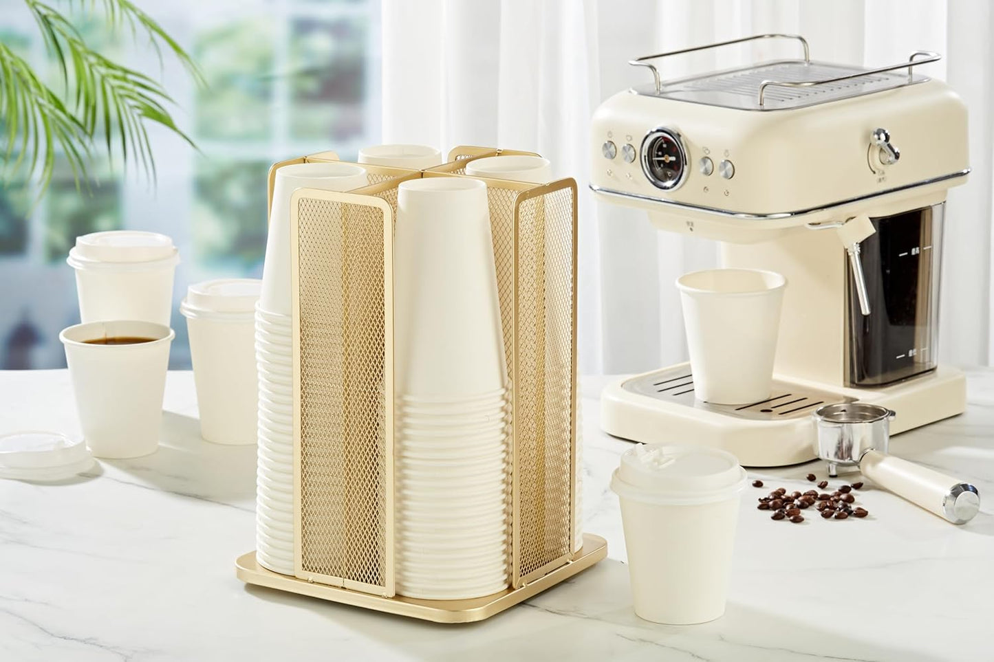 Annova Paper/Plastic Cup and Lid Holder Plastic Storage Organizer, 360°Rotating Coffee Mup Dispenser with 4 Compartments, Multifunctional Storage Rack for Home, Office, Bar, Coffee Shop (Gold)