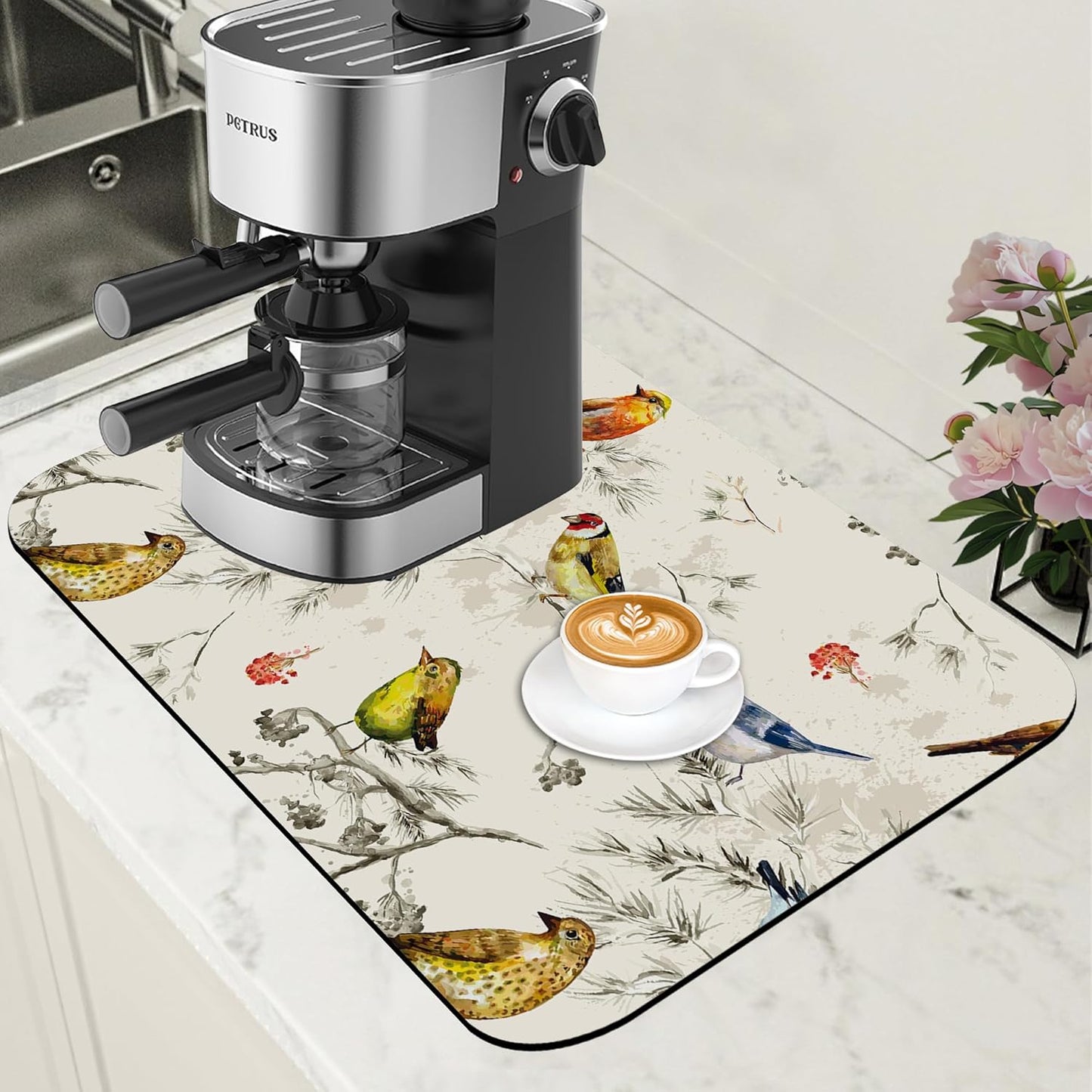 Cute Birds Coffee Mat Absorbent Dish Drying Mat for Kitchen Counter Hide Stain Rubber Backed Coffee Bar Accessories Fit Under Espresso Machine Cafe Table, 11.8 x 19.7 Inch