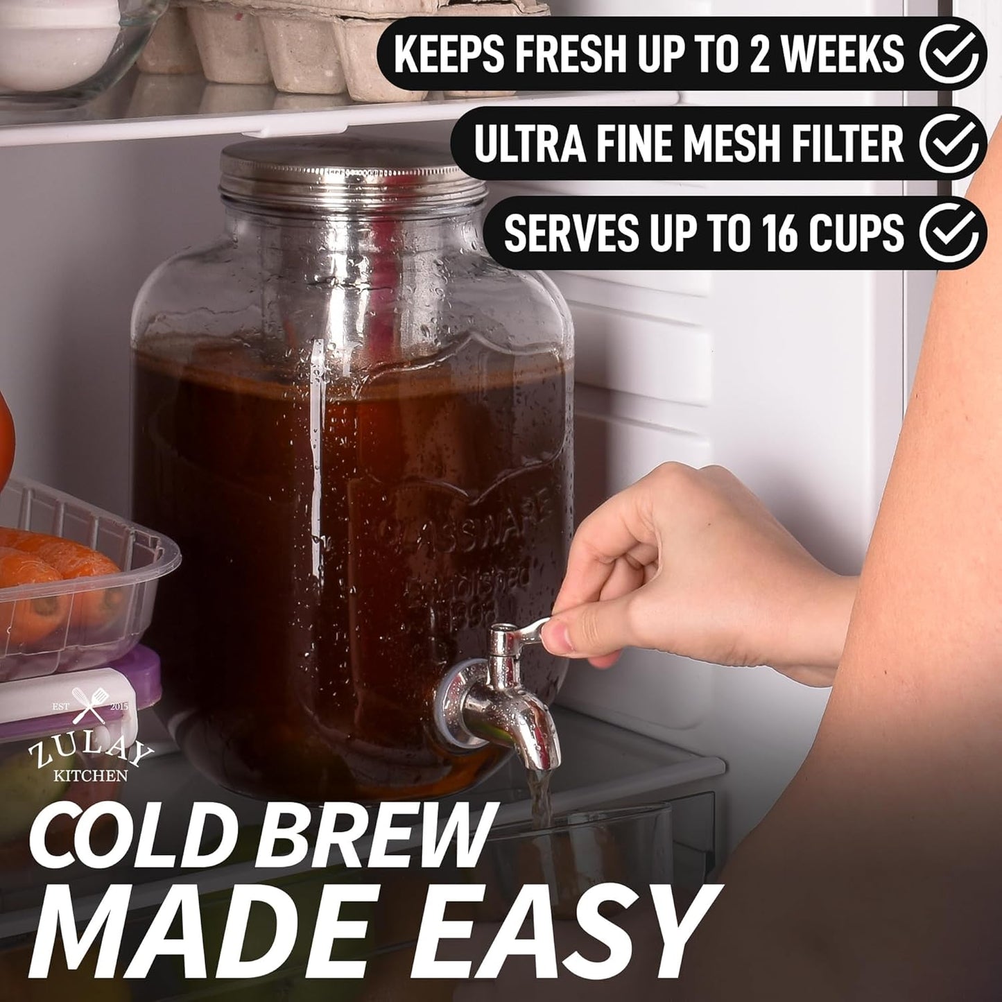 Zulay Kitchen 1 Gallon Cold Brew Coffee Maker – Thick Glass Pitcher with Stainless Steel Filter, Lid & Spout – Large Mason Jar Container Dispenser - Iced Coffee & Sun Tea Brewer for Fridge – Silver