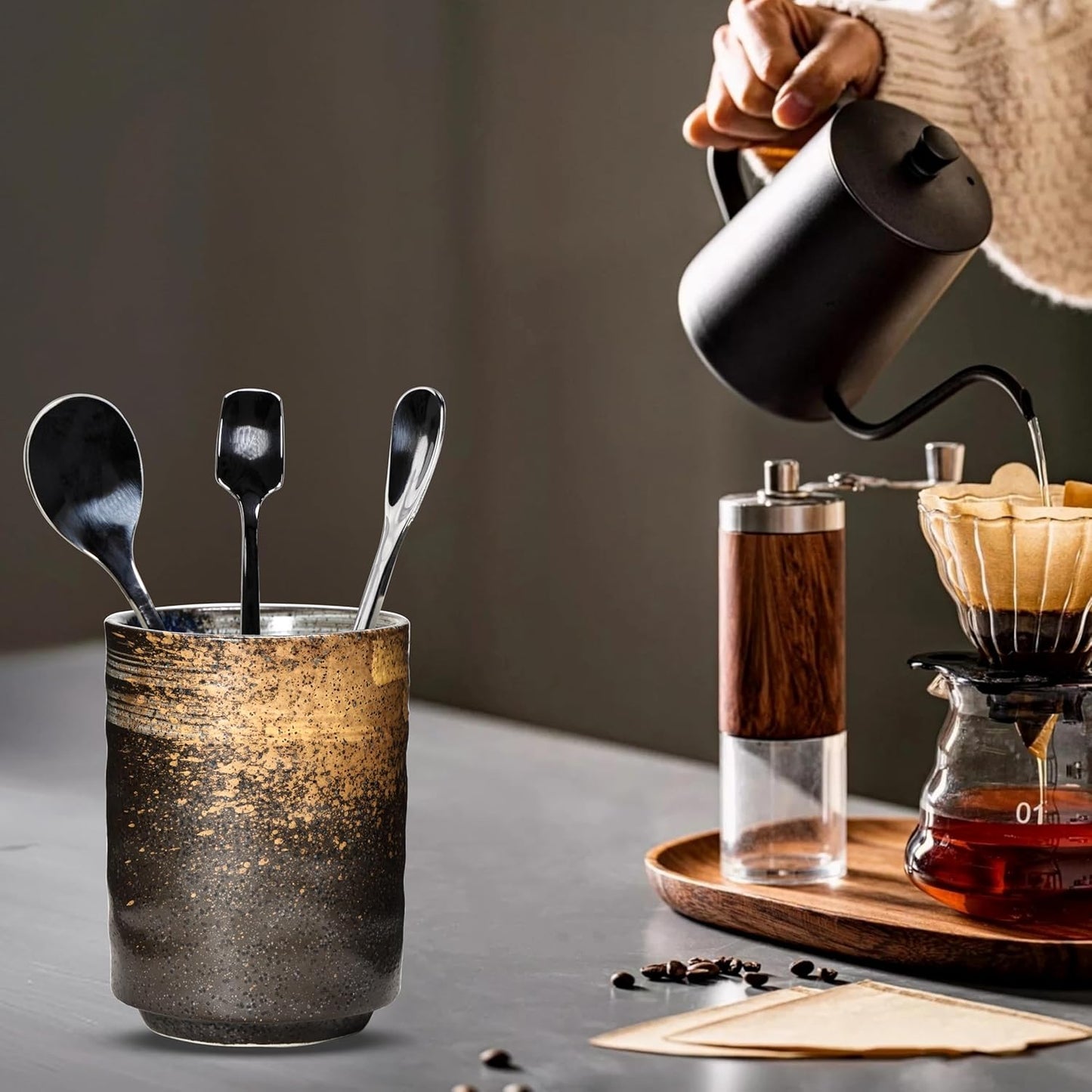 Ceramic Spoon Holder for Coffee Bar, Upright Tea Spoon Holder Cup, Coffee Stirrers Straws Stir Stick Holder, Blue Strips