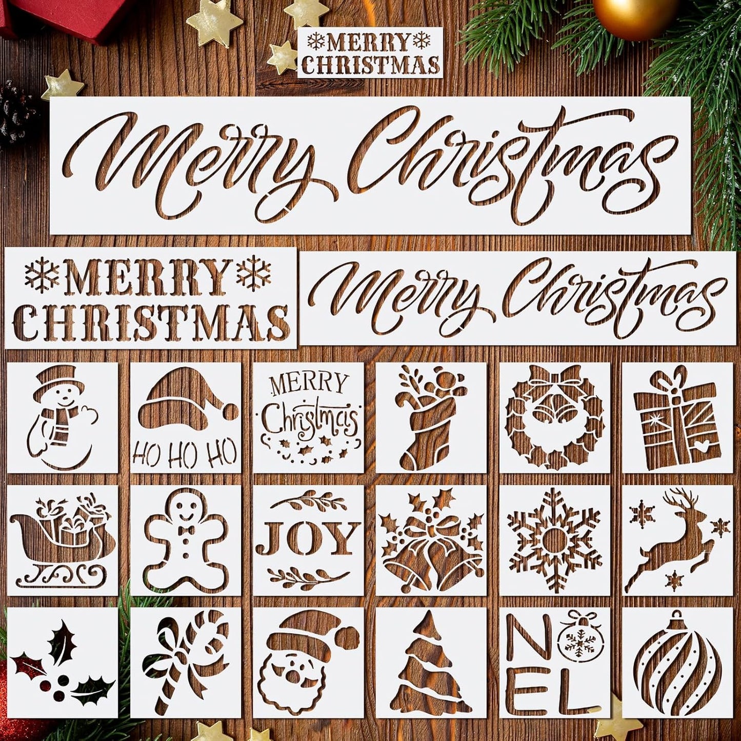 clothmile 21 PCS Merry Christmas Stencils for Painting Christmas Stencils Template Plastic Reusable Stencils for Christmas Decor Fabric Canvas Furniture, Wall, Window, Fabric, Wood DIY Home Decor