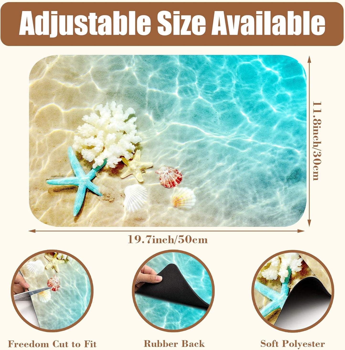 Starfish and Seashell Coffee Mat Beach Dish Drying Mat for Kitchen Counter Hide Stain Rubber Backed Absorbent Coffee Bar Accessories Fit Under Coffee Maker Coffee Pot Espresso Machine 11.8 x 19.7 Inch