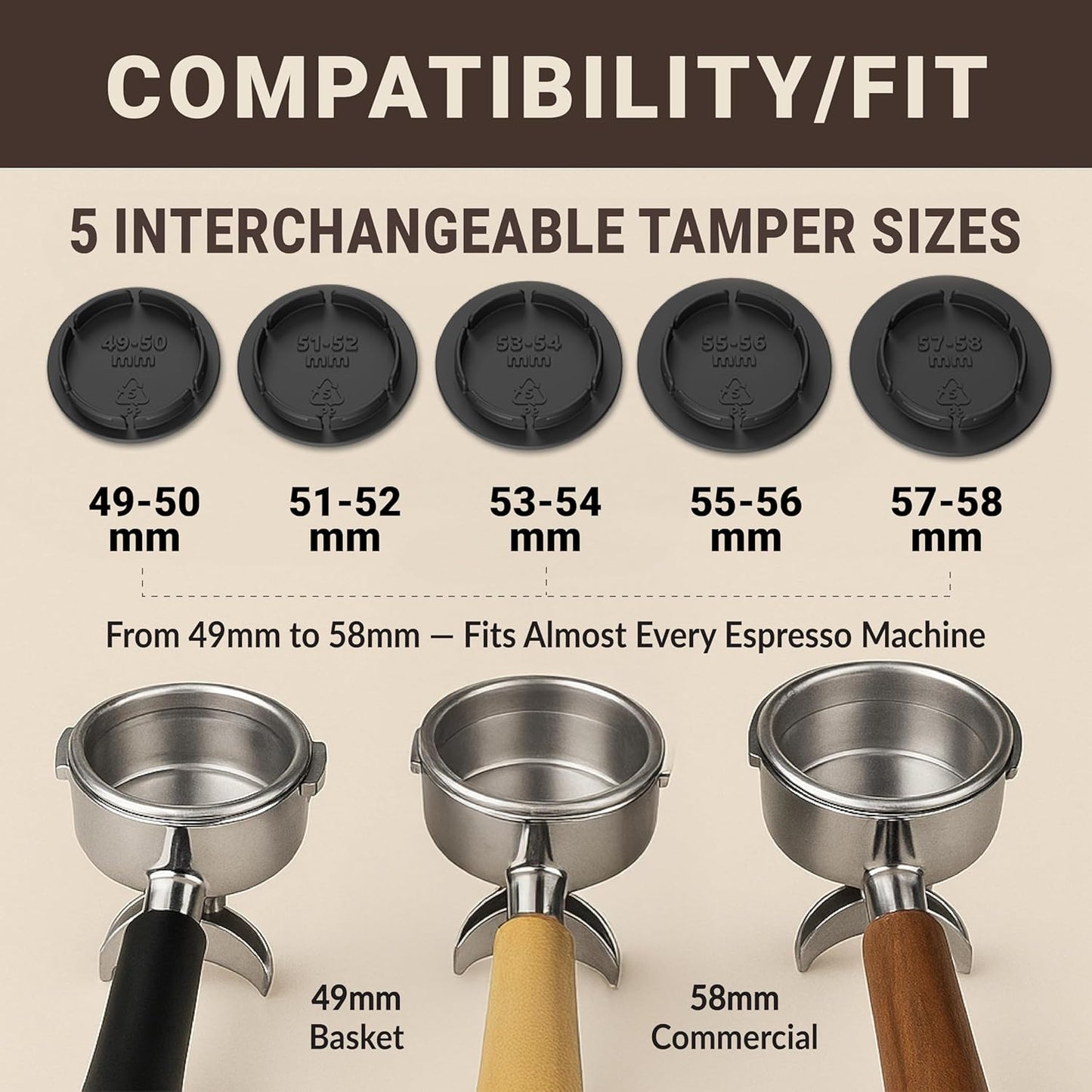 Koffee Zen Espresso Tamper Set, 5 Interchangeable Sizes (49–58mm), Dual Coffee Scoop (1 & 2 TBSP), Fits Select Breville, De’Longhi & More Models