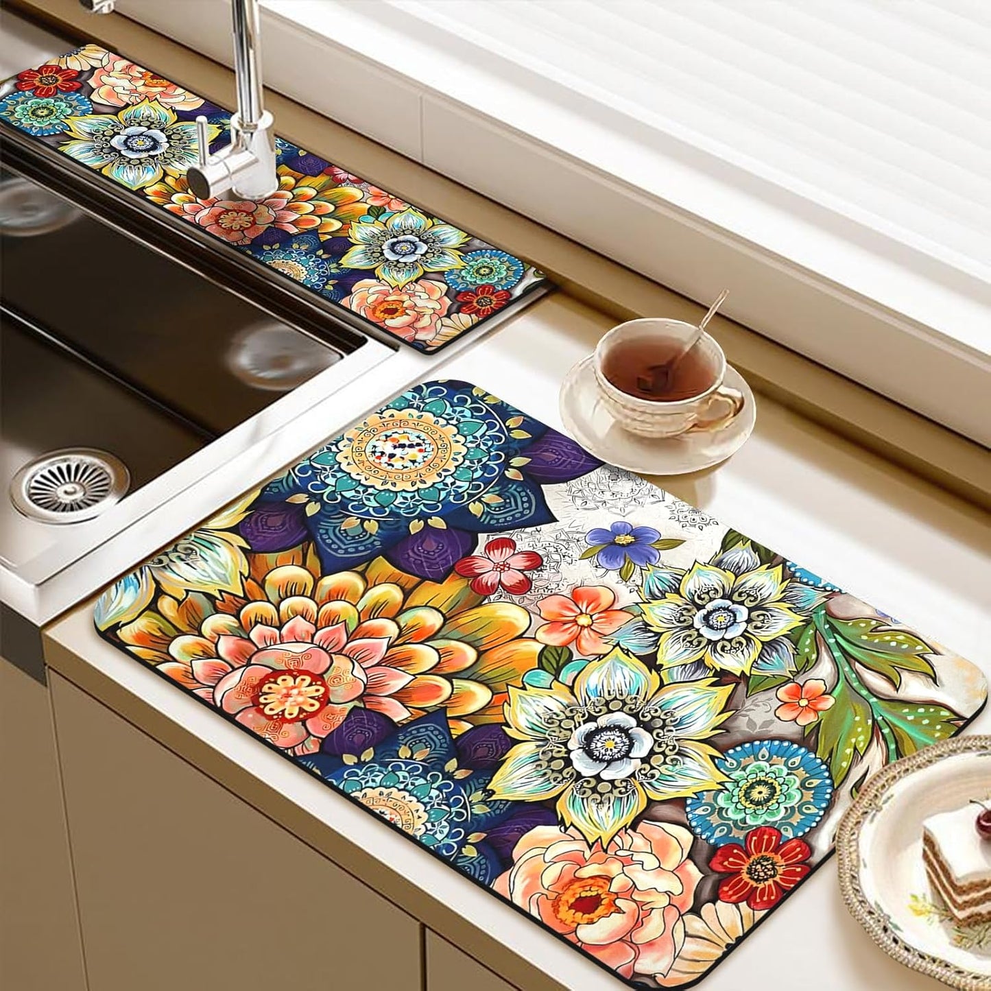 24.5" x 15.5" Dish Drying Mat & 24" x 5.5" Sink Splash Guard, Super Absorbent Drainer Rack Mat for Kitchen Counter Coffee Bar