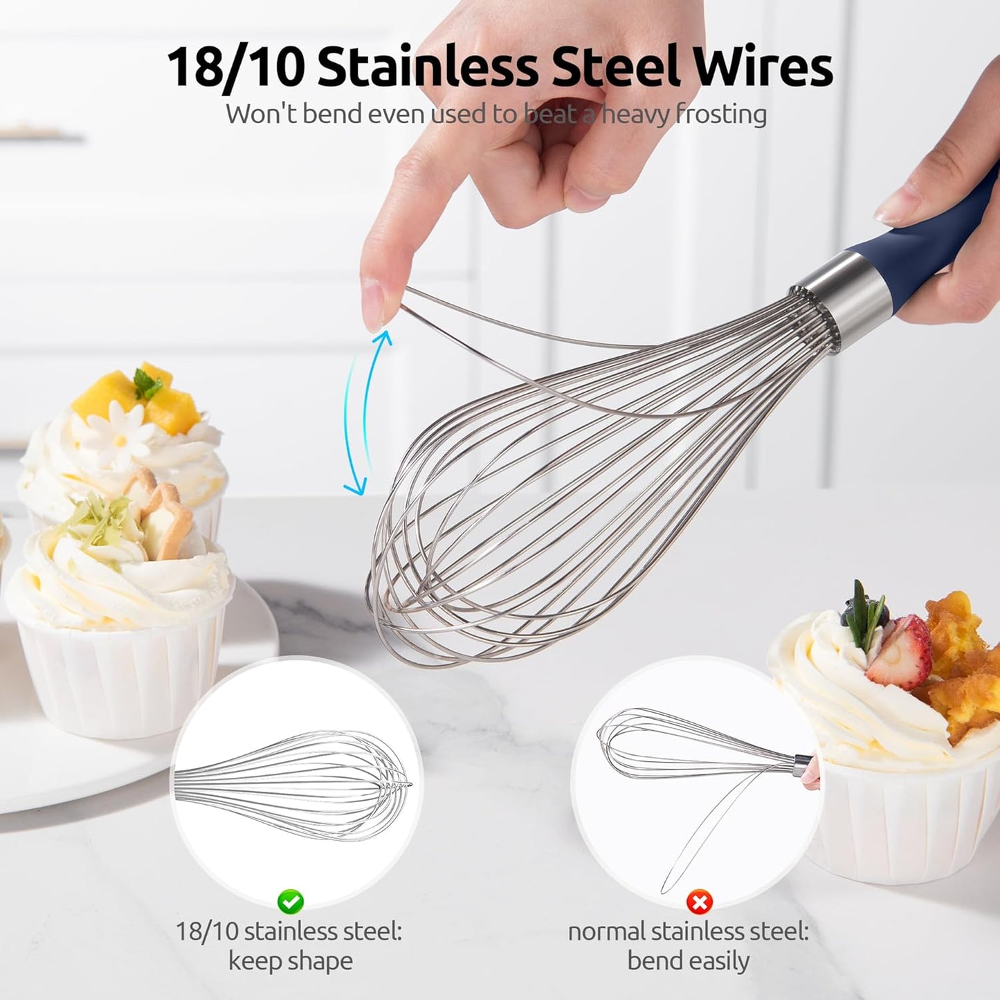 U-Taste Balloon Whisk for Cooking: 18/10 Stainless Steel Kitchen Wire Whisk, 12in Large Heavy Duty Egg Beater, Manual Mixing Tool with 12 Flex Wires for Stirring, Blending Sauce (Midnight Blue)