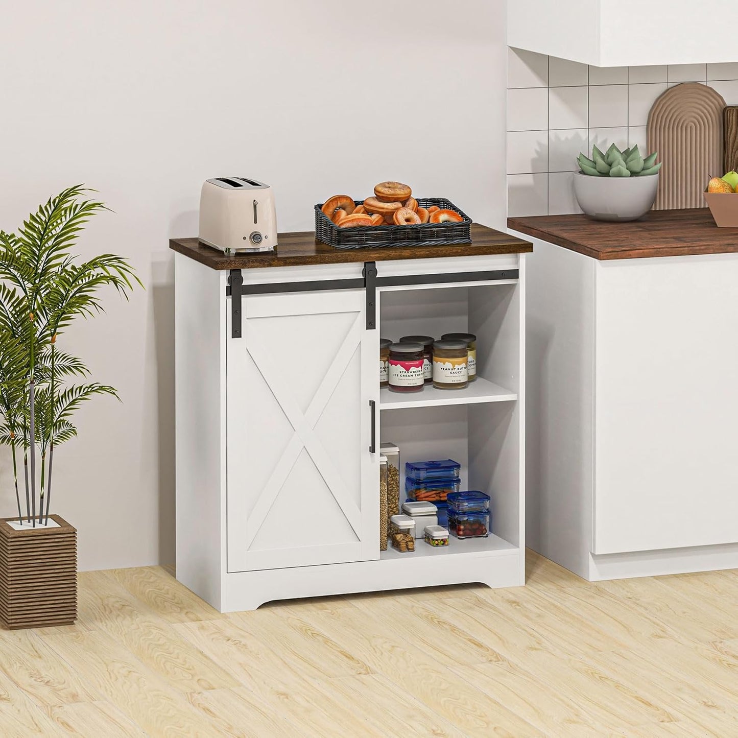 HOMCOM Farmhouse Coffee Bar Cabinet, 33" Buffet Sideboard with Sliding Barn Door and Adjustable Shelf, Kitchen Buffet Cabinet, White
