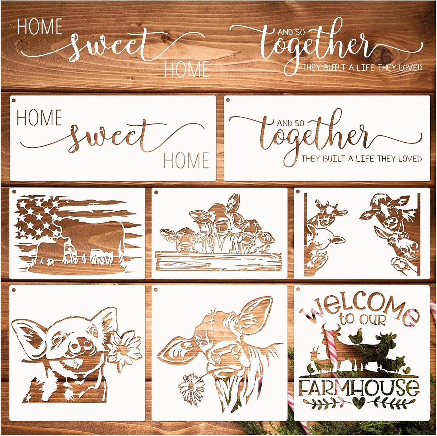 Farmhouse Stencils, Reusable Cow Pig Farm Stencils Wood Burning Country Farm Animal Paint Stencils for Painting on Wood DIY Craft Furniture Wall Sign Fabric Decors