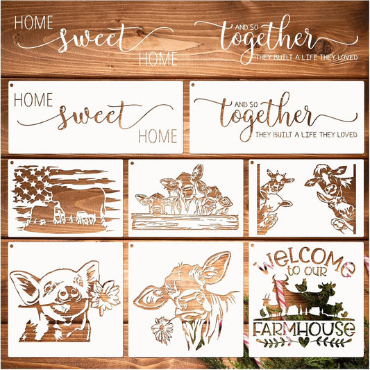Farmhouse Stencils, Reusable Cow Pig Farm Stencils Wood Burning Country Farm Animal Paint Stencils for Painting on Wood DIY Craft Furniture Wall Sign Fabric Decors