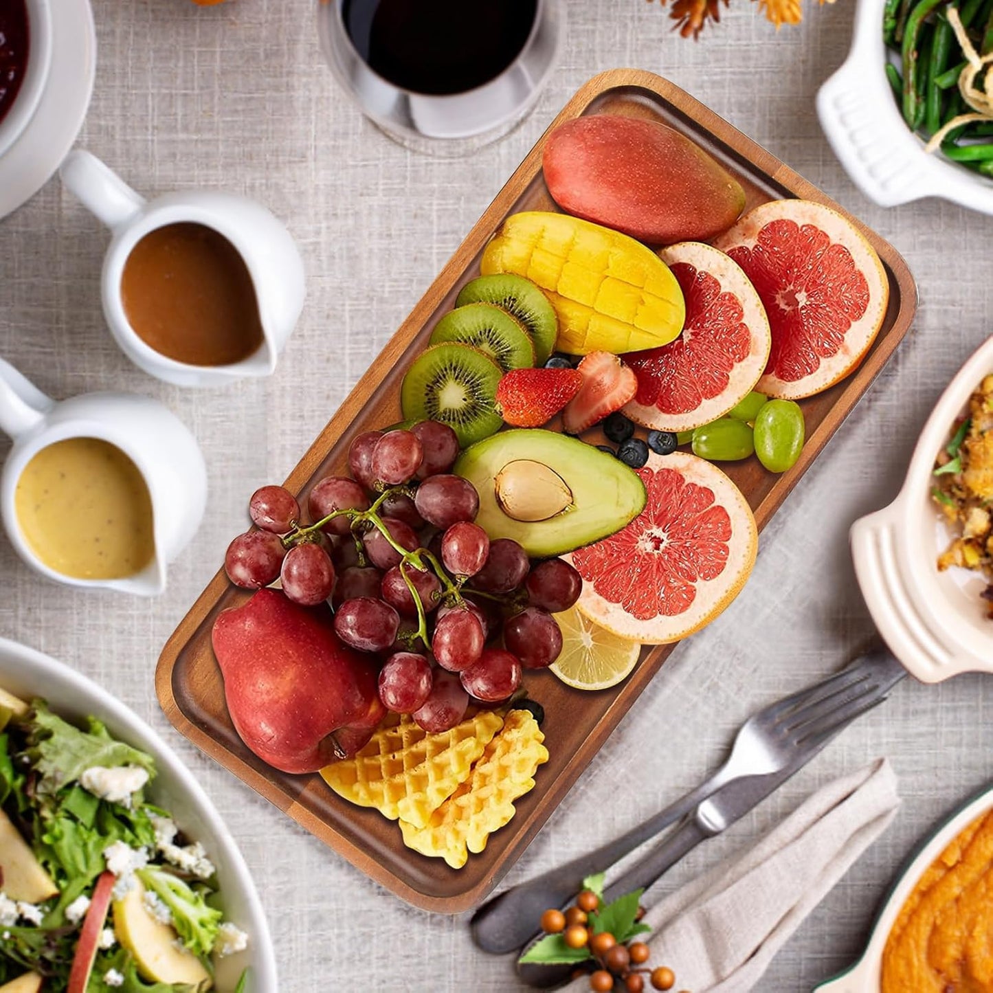 Medium Acacia Wood Serving Trays Long Charcuterie Boards Wood Snack Platter Rectangular Cookie Appetizer Plates Serving Cheese Board Rectangle Kitchen Dinner Platters for Food Dish Cake Dessert Tray