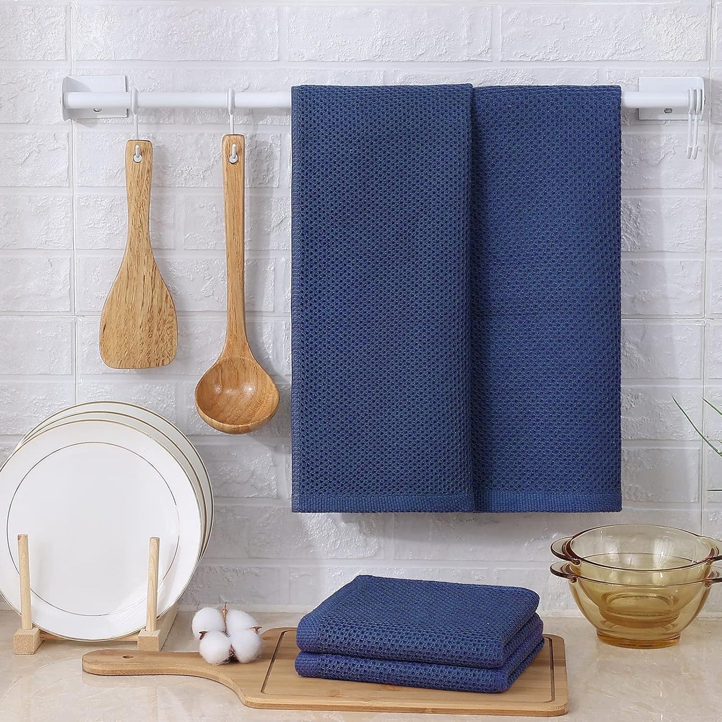 Kitinjoy 100% Cotton Waffle Weave Kitchen Towels, 12-Pack Super Soft and Absorbent Dish Towels for Drying Dishes, Kitchen Hand Towels, 13 in x 28 in, Navy Blue